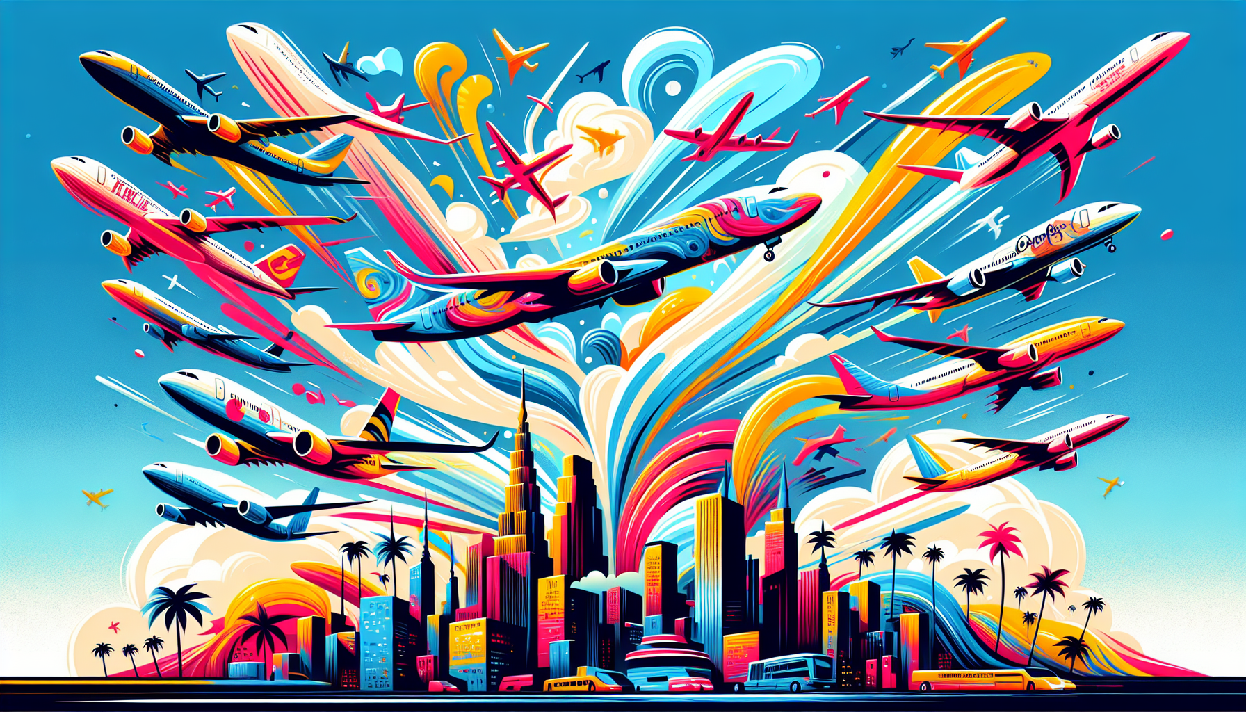 An illustration of various popular airlines flying from NYC to Los Angeles, with airplanes and logos in the background.