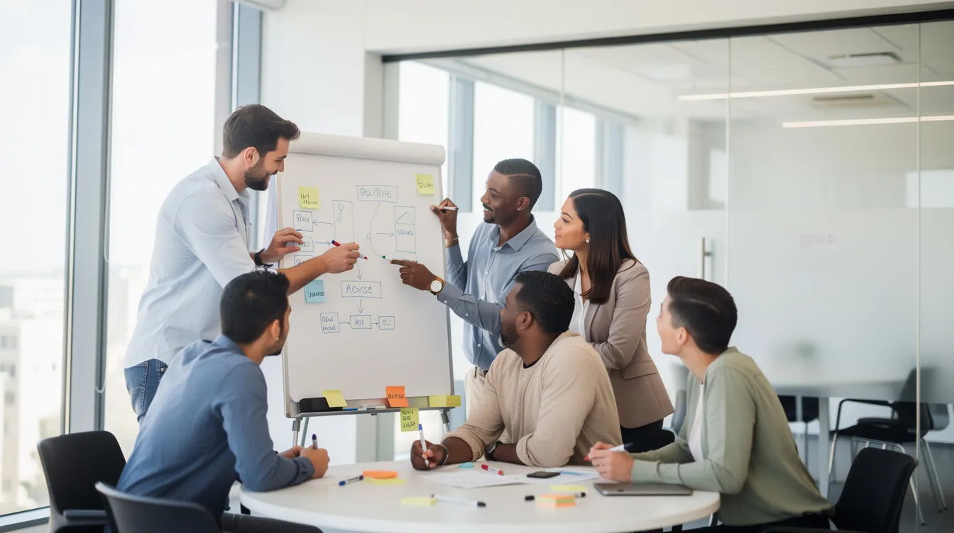 Une équipe de professionnels se réunit autour d'un tableau blanc dans un espace lumineux pour discuter de stratégies de vente et éviter les erreurs fréquentes dans la mise en marché de biens immobiliers. Ils échangent des conseils pour maximiser les chances de succès lors des transactions avec des acheteurs potentiels.