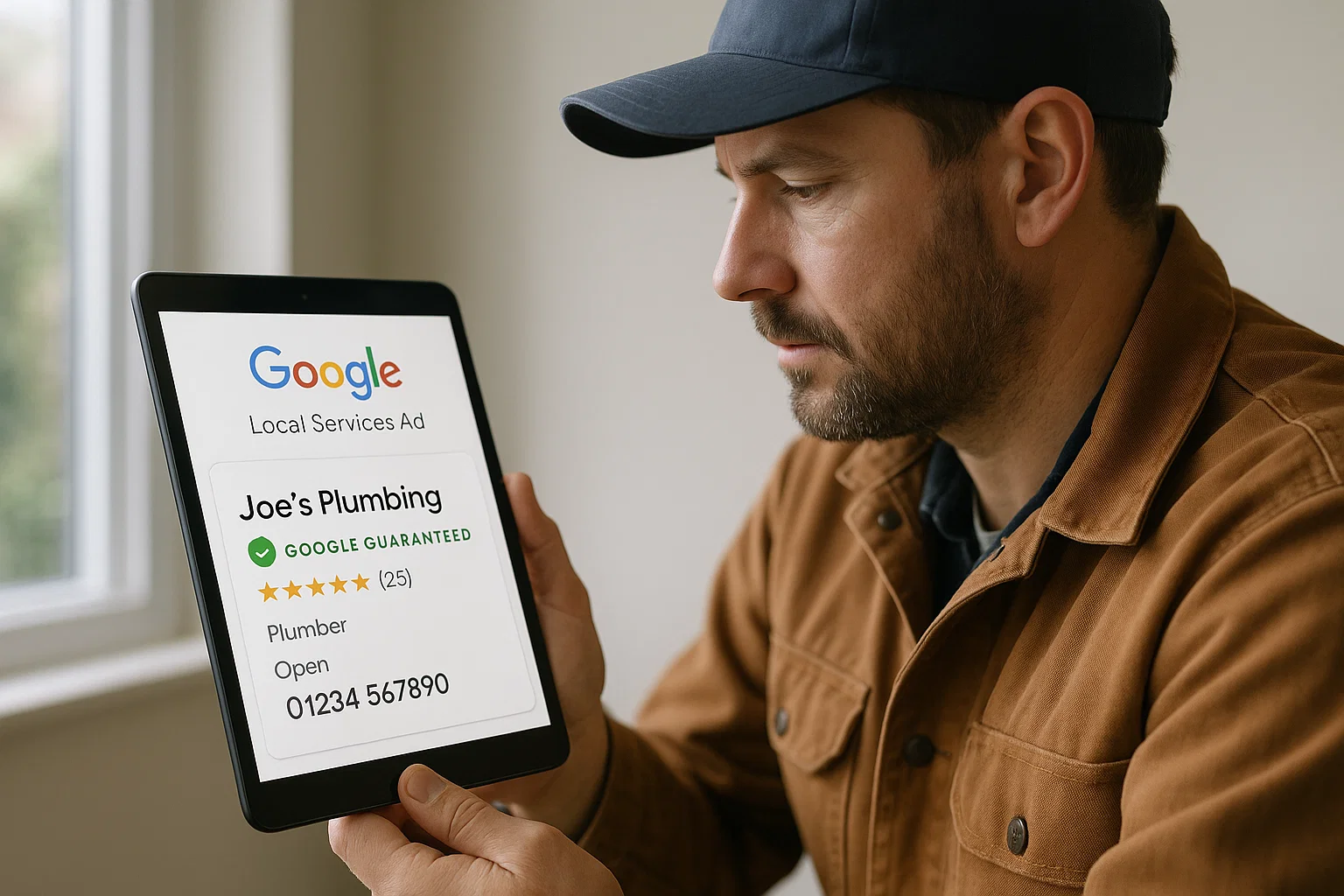 Verified UK tradesperson viewing their business listing with a Google Guaranteed badge visible on a tablet.