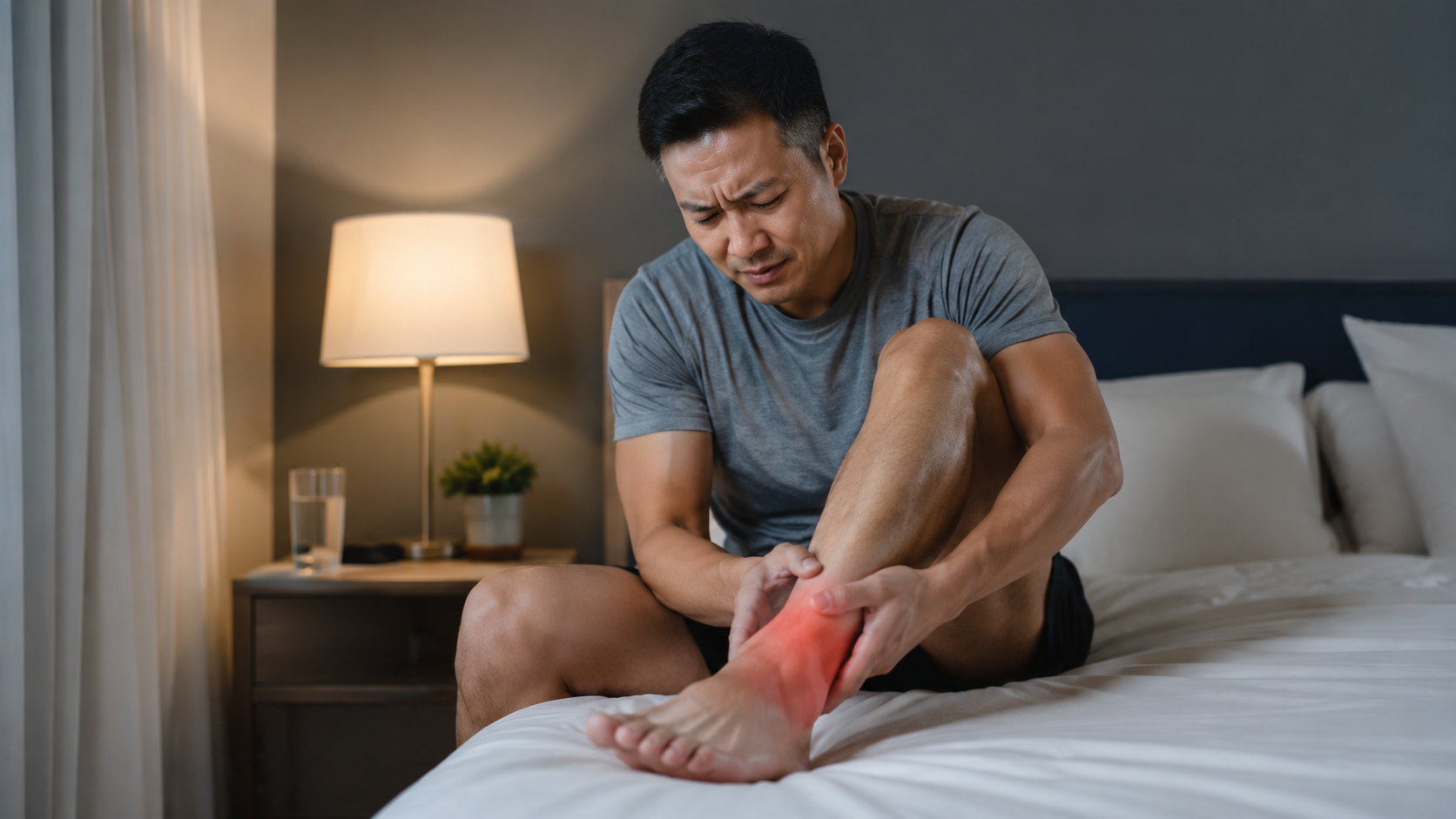 Man experiencing ankle pain while sitting on a bed at night in a modern bedroom