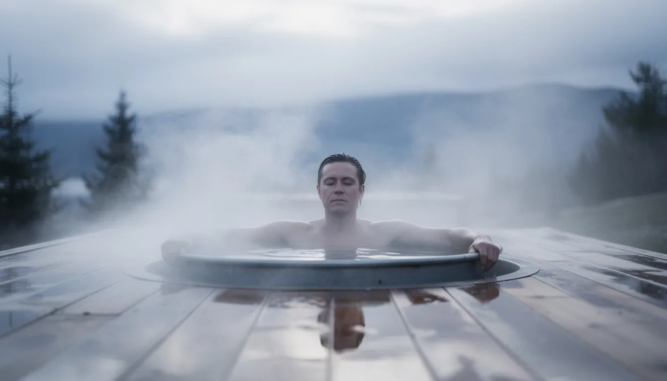 A person is sitting comfortably in a sleek cold plunge tub on an outdoor wooden deck, with steam gently rising around them, highlighting the benefits of cold water immersion therapy for overall health and recovery. The serene setting showcases the innovative technology of the plunge tub, designed for easy entry and minimal maintenance.