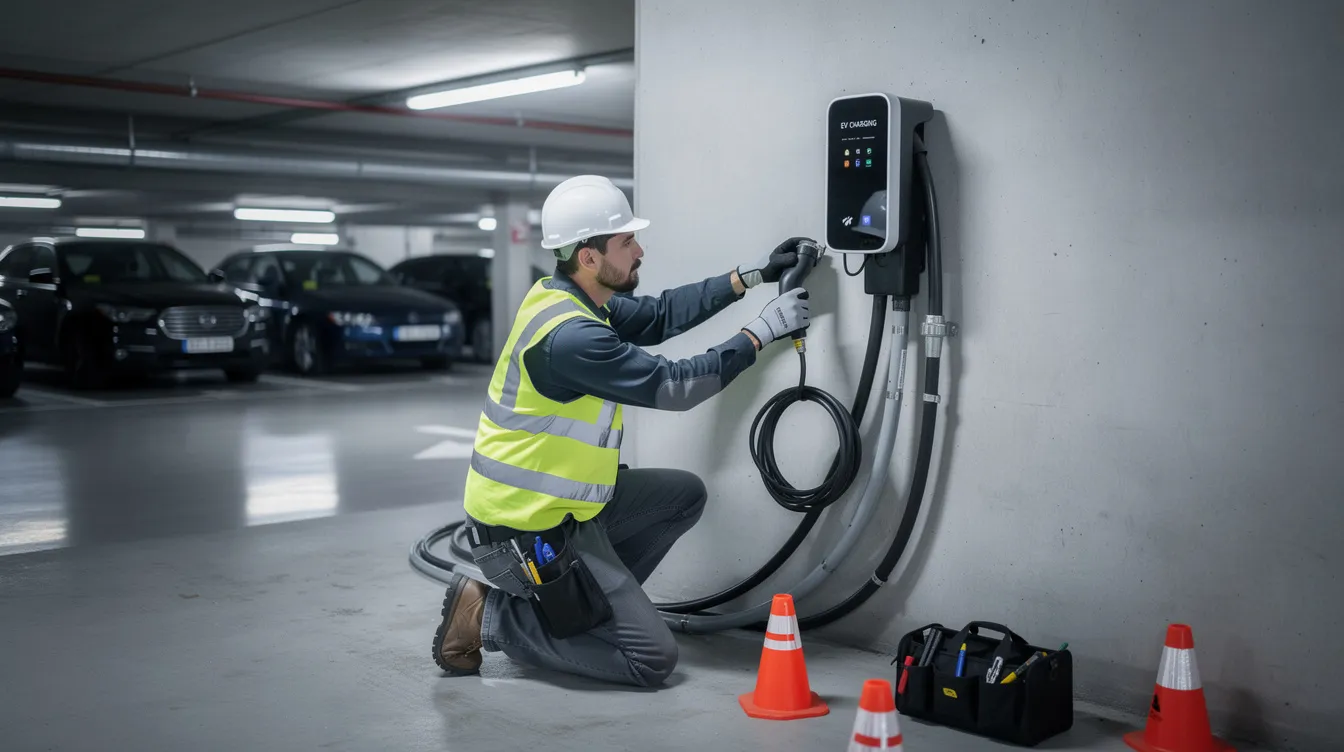 An evitp certified electrician is installing a commercial electric vehicle charging station on a concrete wall within a parking structure, showcasing the importance of electric vehicle infrastructure and compliance with electrical codes. The installation reflects the highest industry standards and the expertise required for electric vehicle supply equipment (EVSE) installation.