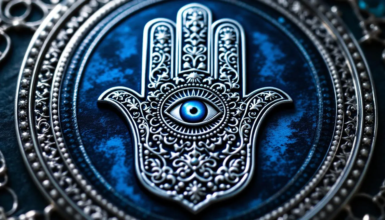 The image showcases a beautifully handcrafted hamsa hand necklace made of sterling silver, symbolizing protection and positive energy. This meaningful jewellery piece, often adorned with an evil eye charm, represents good fortune and blessings, making it a perfect gift for those seeking happiness and strength.
