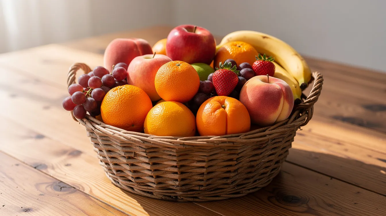 Un panier en osier rempli de fruits frais et colorés, tels que des pommes, des oranges et des bananes, est posé sur une table en bois. Ces fruits sont une excellente alternative pour réduire la consommation de sucre et favoriser le bien-être au quotidien.