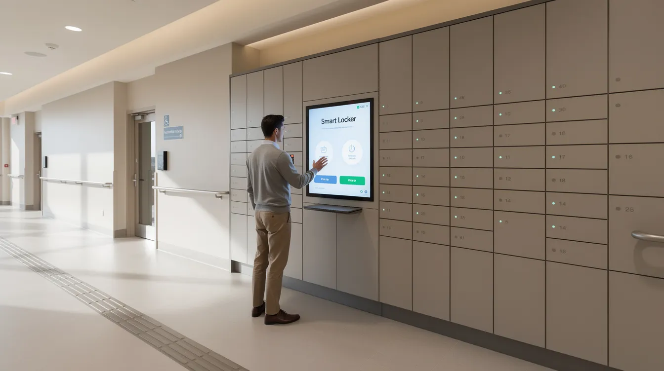 A person is interacting with a touchscreen interface on a smart locker system located in a well-lit and accessible hallway, showcasing the user-friendly smart locker technology designed for secure storage and efficient asset management. The environment emphasizes the importance of operational efficiency and accessibility for users in various settings, including government facilities and residential communities.