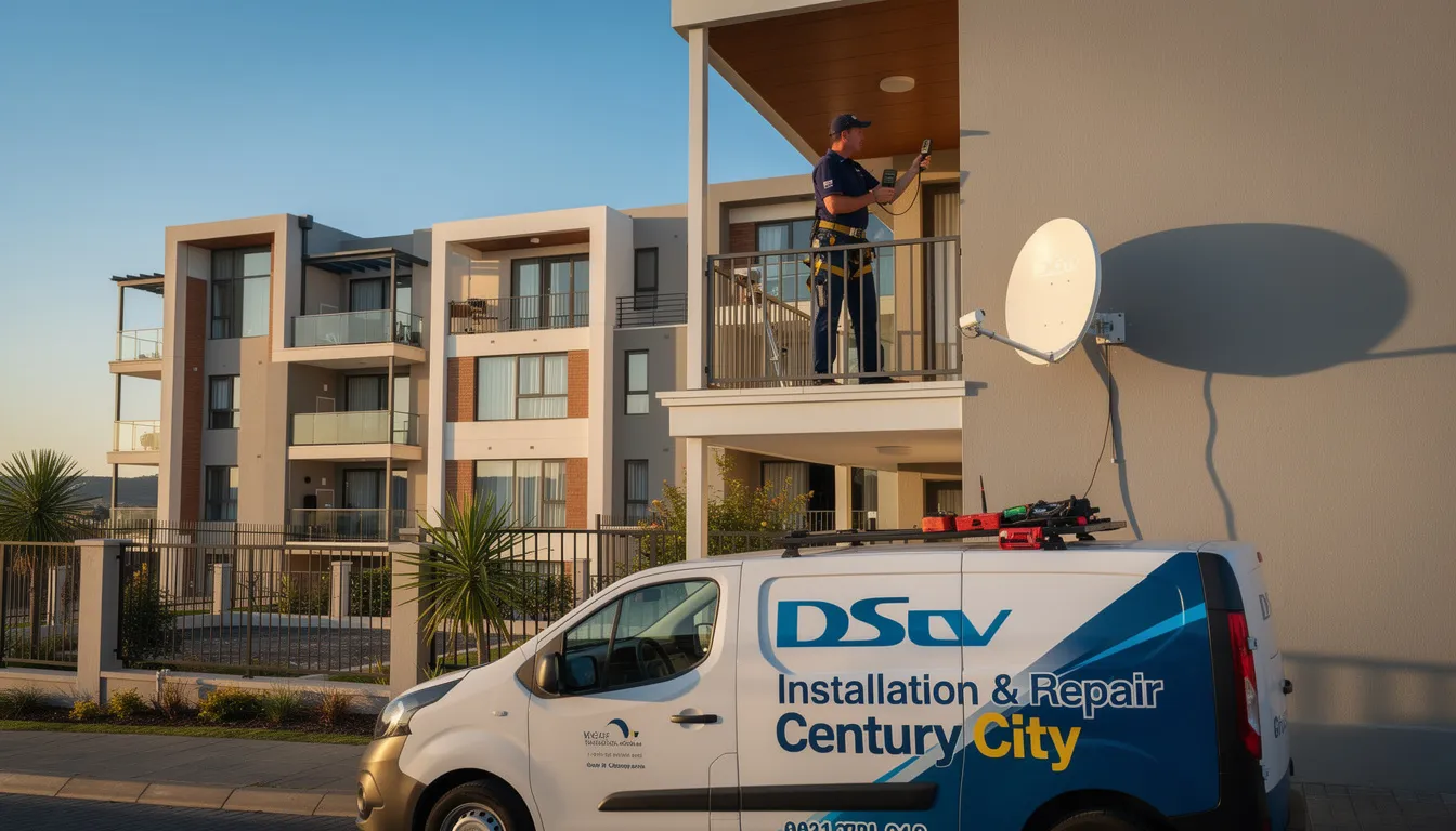 The image depicts a professional DStv installation service taking place in Century City, featuring skilled technicians setting up a satellite dish and decoder for optimal signal reception. This scene highlights the commitment to providing reliable DStv services and ensuring the best viewing experience for customers.