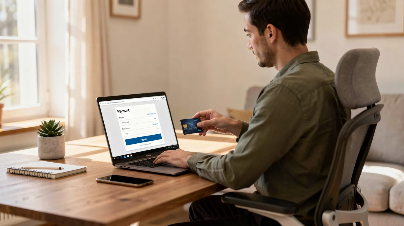A person is sitting at a bright home office, focused on completing an online payment on their laptop, which may involve entering their bank account details, including the IFSC code for faster processing of funds. The workspace is well-lit, suggesting a productive environment for managing financial transactions.