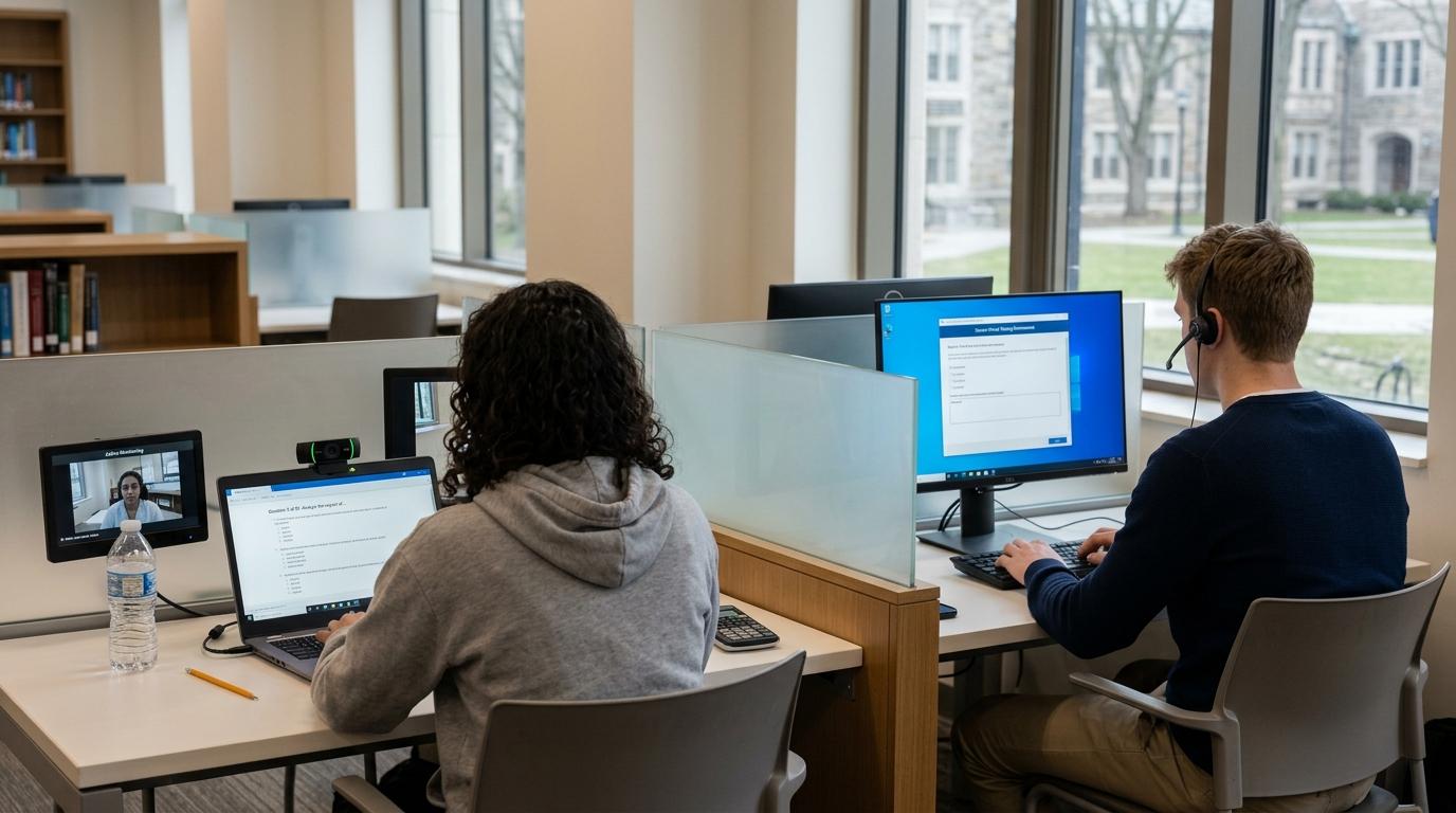 University students taking online exams with one environment secured through webcam monitoring and another through a standardized virtual desktop, clean academic atmosphere.