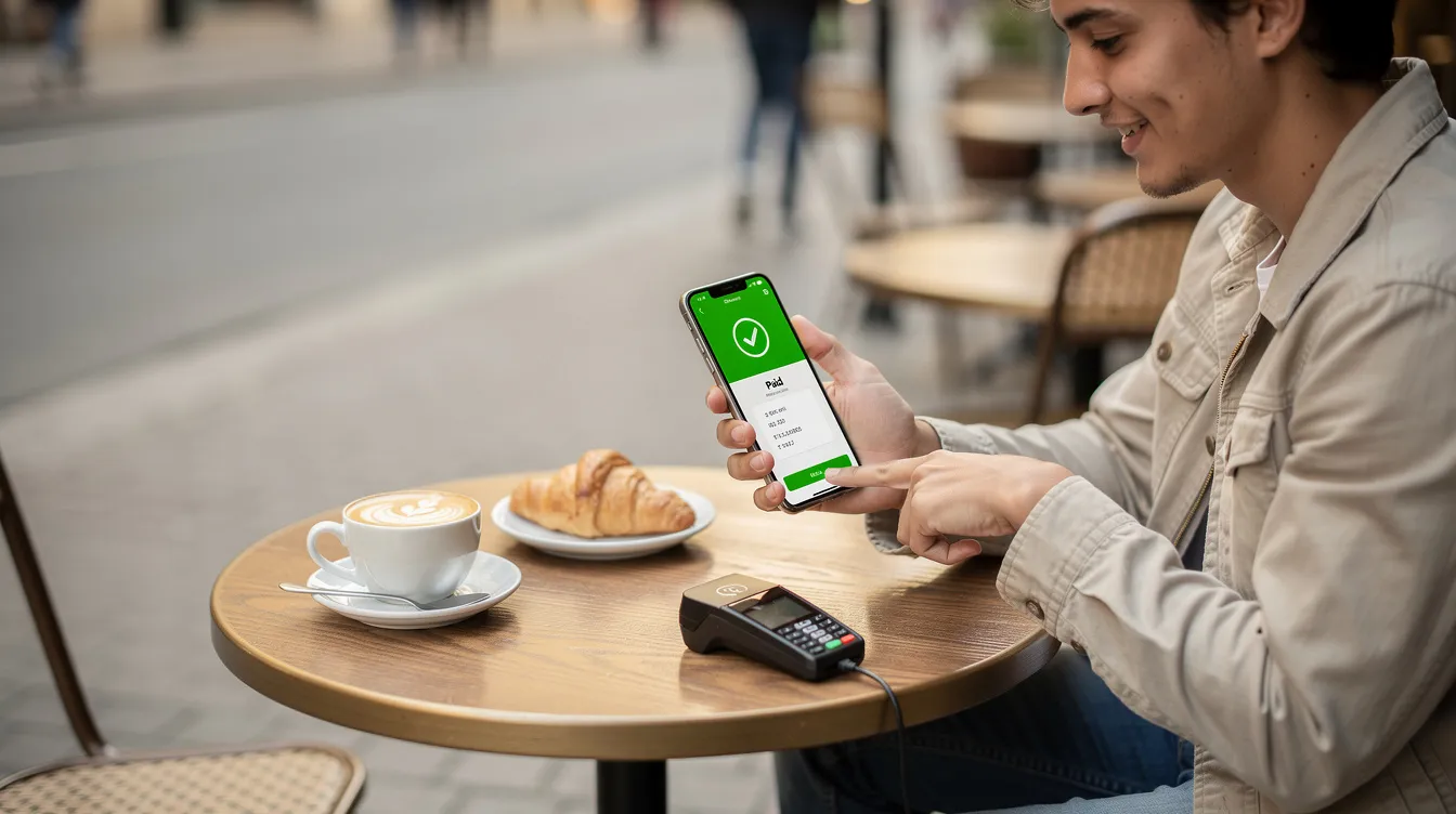 A person is sitting at a cafe table, using their smartphone to complete a mobile payment, showcasing the convenience of sending money through an international money transfer service. The scene highlights the ease of managing bank accounts and remittances, such as those offered by SBM Bank India.