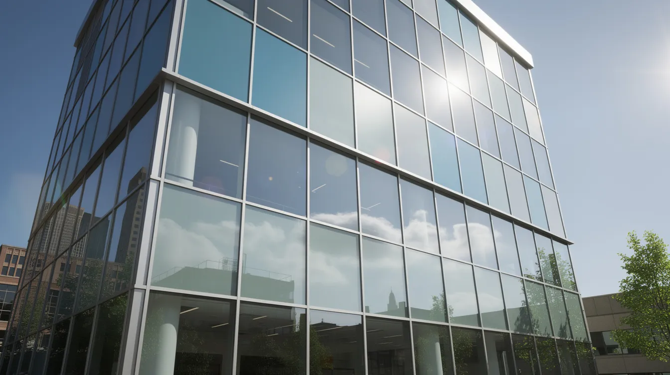 The image showcases a modern commercial building exterior featuring large glass panels with reflective window film that captures sunlight beautifully. This sleek design reflects the growth potential and professionalism often sought by franchise owners in the business services industry.