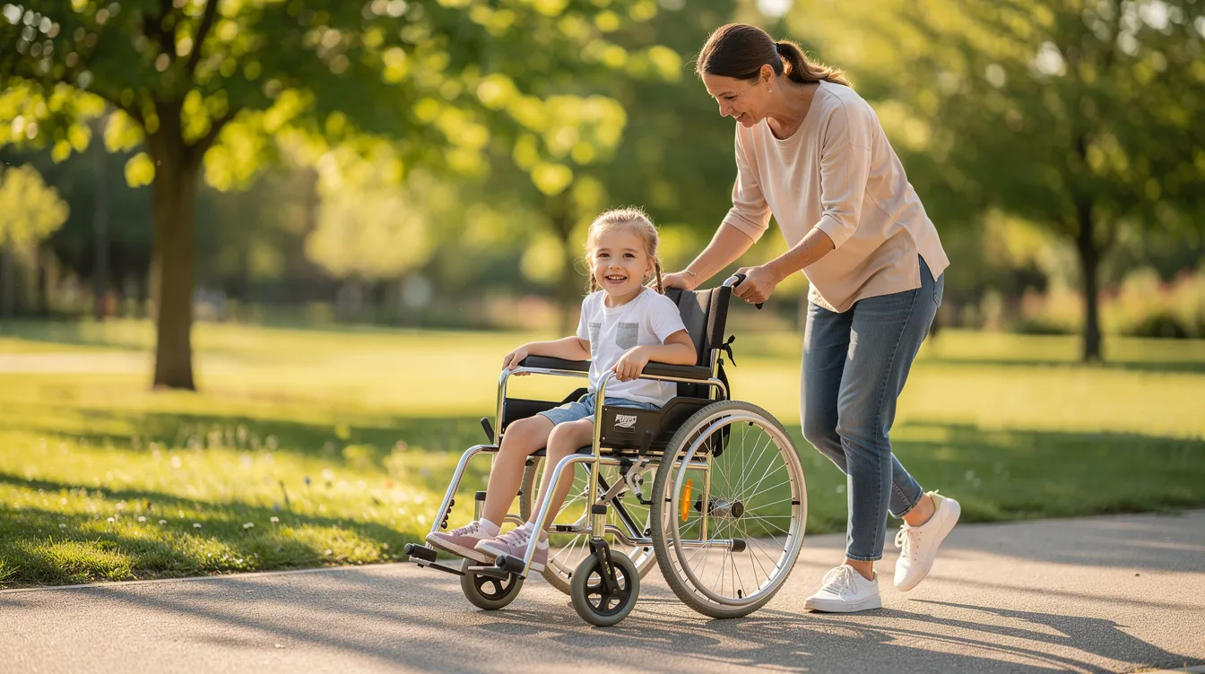 A child in a wheelchair enjoys a sunny day in the park, accompanied by a family member walking alongside. This scene highlights the importance of support for children with conditions like cerebral palsy, which may result from factors such as medical negligence or preventable birth injuries.