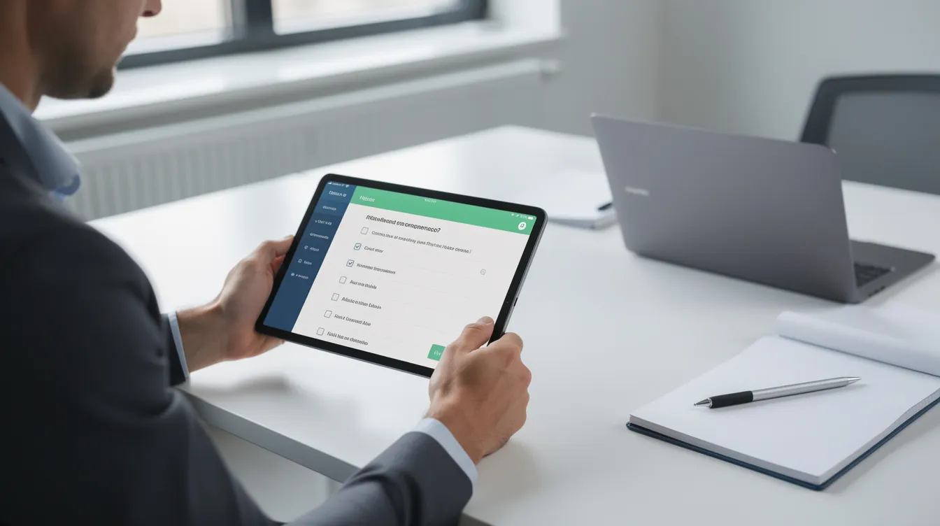 A professional is reviewing a digital checklist on a tablet in a clean, well-lit workspace, emphasizing the importance of compliance training programs and workplace safety. This setting reflects a focus on effective training and development tools that enhance productivity and support different teams within an organization. A professional is reviewing a digital checklist on a tablet in a clean, well-lit workspace, emphasizing the importance of compliance training programs and workplace safety. This setting reflects a focus on effective training and development tools that enhance productivity and support different teams within an organization.