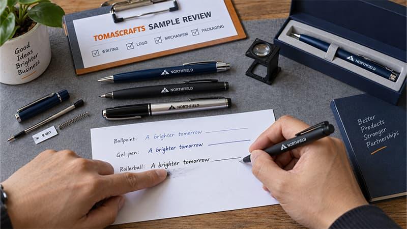 TOMASCRAFTS reviewing ballpoint, gel, and rollerball pen samples for writing quality, logo clarity, refill format, mechanism, and packaging fit.