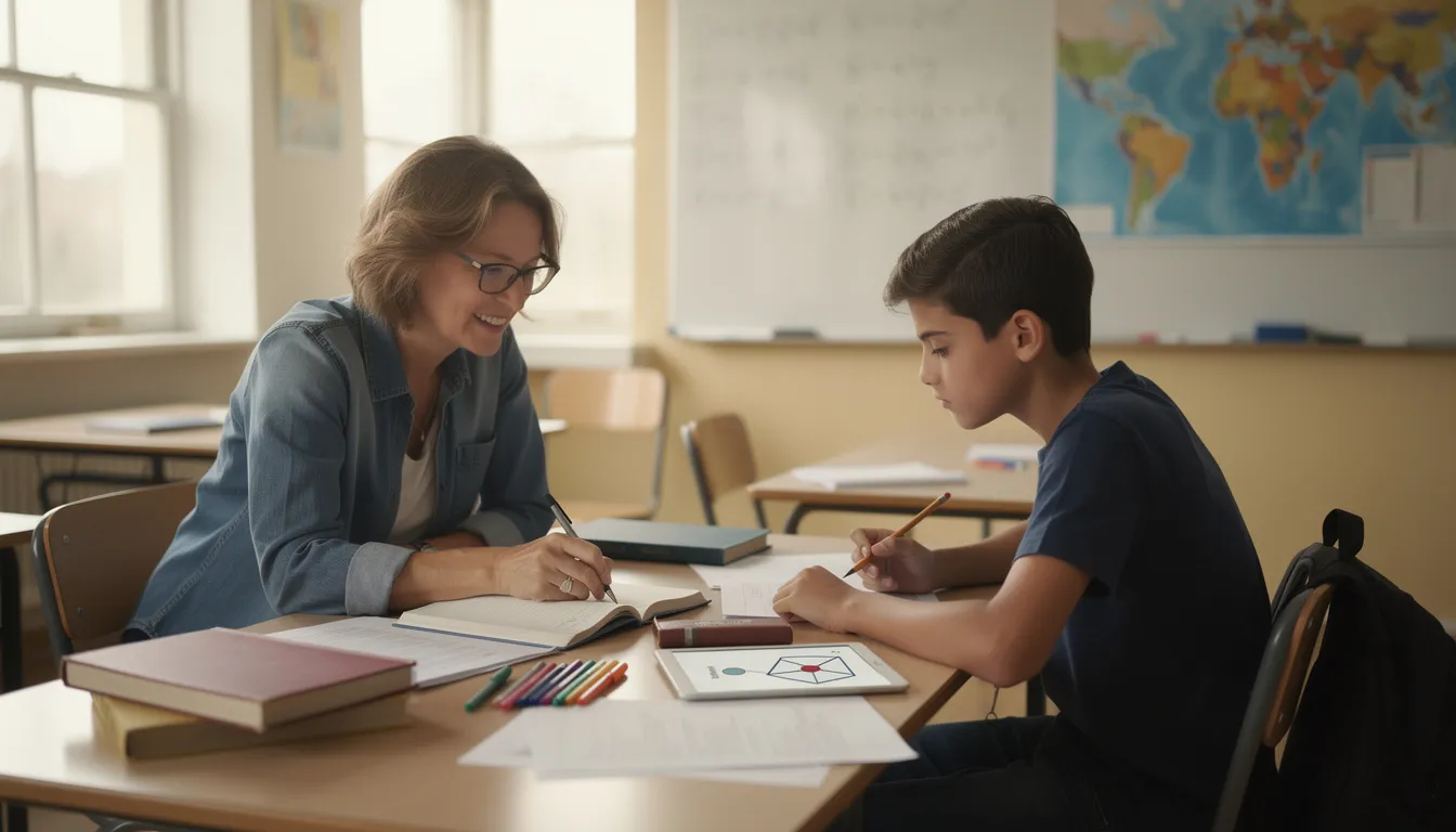 Ein Lehrer unterstützt einen Schüler beim Lernen, indem er ihm Fragen stellt und Tipps gibt, um seine Lernmotivation zu fördern. Die Szene zeigt eine positive Lernatmosphäre, in der die Schüler aktiv in den Unterricht eingebunden sind.