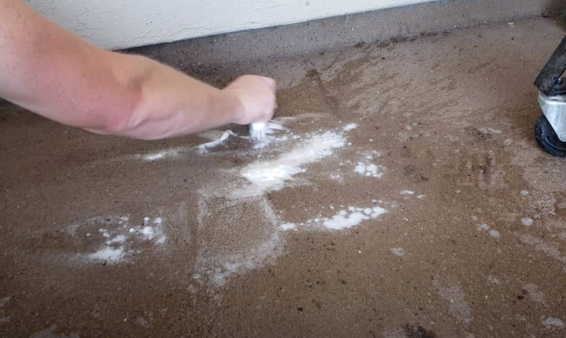 Sprinkle baking soda on the concrete surface of your polished floors to remove stubborn stains