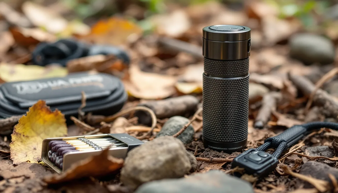 The image showcases a compact and lightweight survival fire starter kit, featuring a ferrocerium rod and a striker, designed to create sparks and ignite tinder such as cotton balls and pine needles. This reliable tool is essential for outdoor enthusiasts, ensuring you can start a fire even in challenging weather conditions.