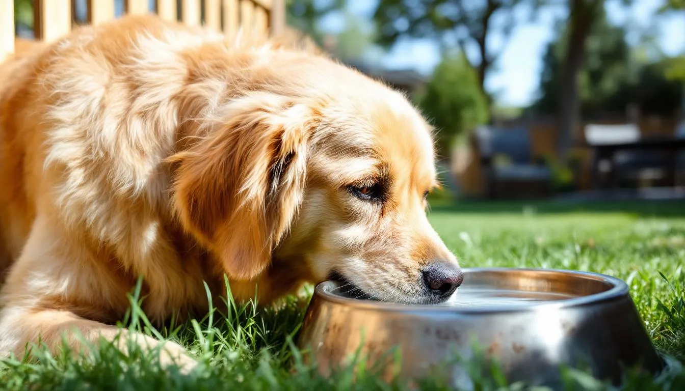 A dog is drinking water from a metal bowl outdoors, its tongue licking the surface as it quenches its thirst. The dog