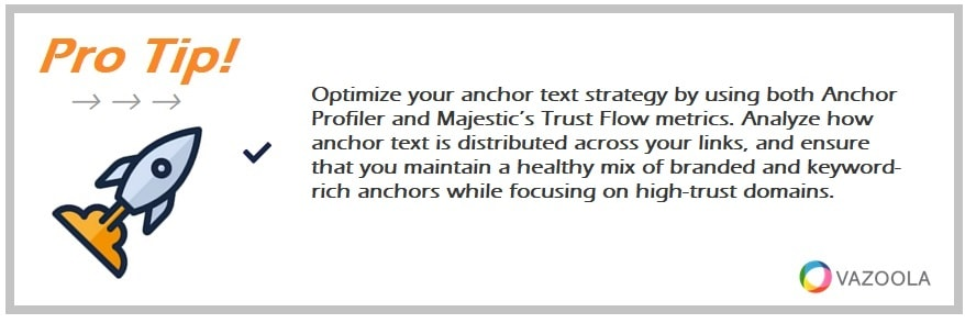 Optimize your anchor text strategy by using both Anchor Profiler and Majestic’s Trust Flow metrics. Analyze how anchor text is distributed across your links, and ensure that you maintain a healthy mix of branded and keyword-rich anchors while focusing on high-trust domains.