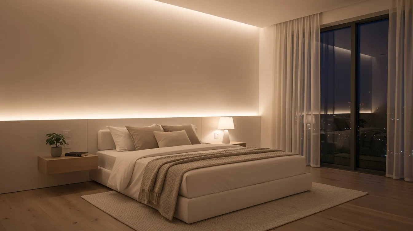 The image depicts a cozy bedroom featuring ambient LED lighting that casts a warm glow, complemented by modern minimalist decor, creating a tranquil atmosphere ideal for relaxation. This inviting space could inspire dropshipping businesses focused on home decor and wellness products, appealing to a market with consistent demand for stylish and high-quality items.