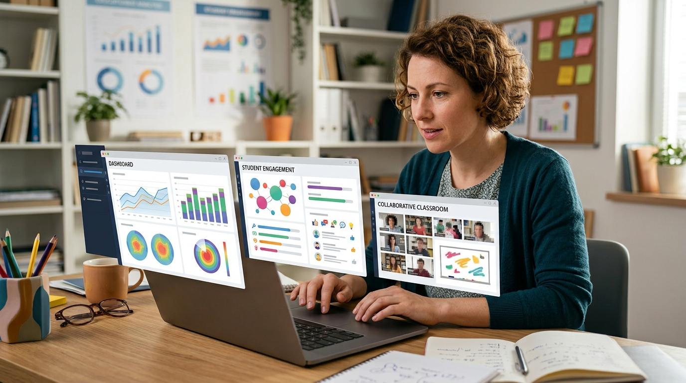 Educator comparing multiple digital learning platforms on a laptop with analytics dashboards, student engagement metrics, and collaborative classroom visuals.