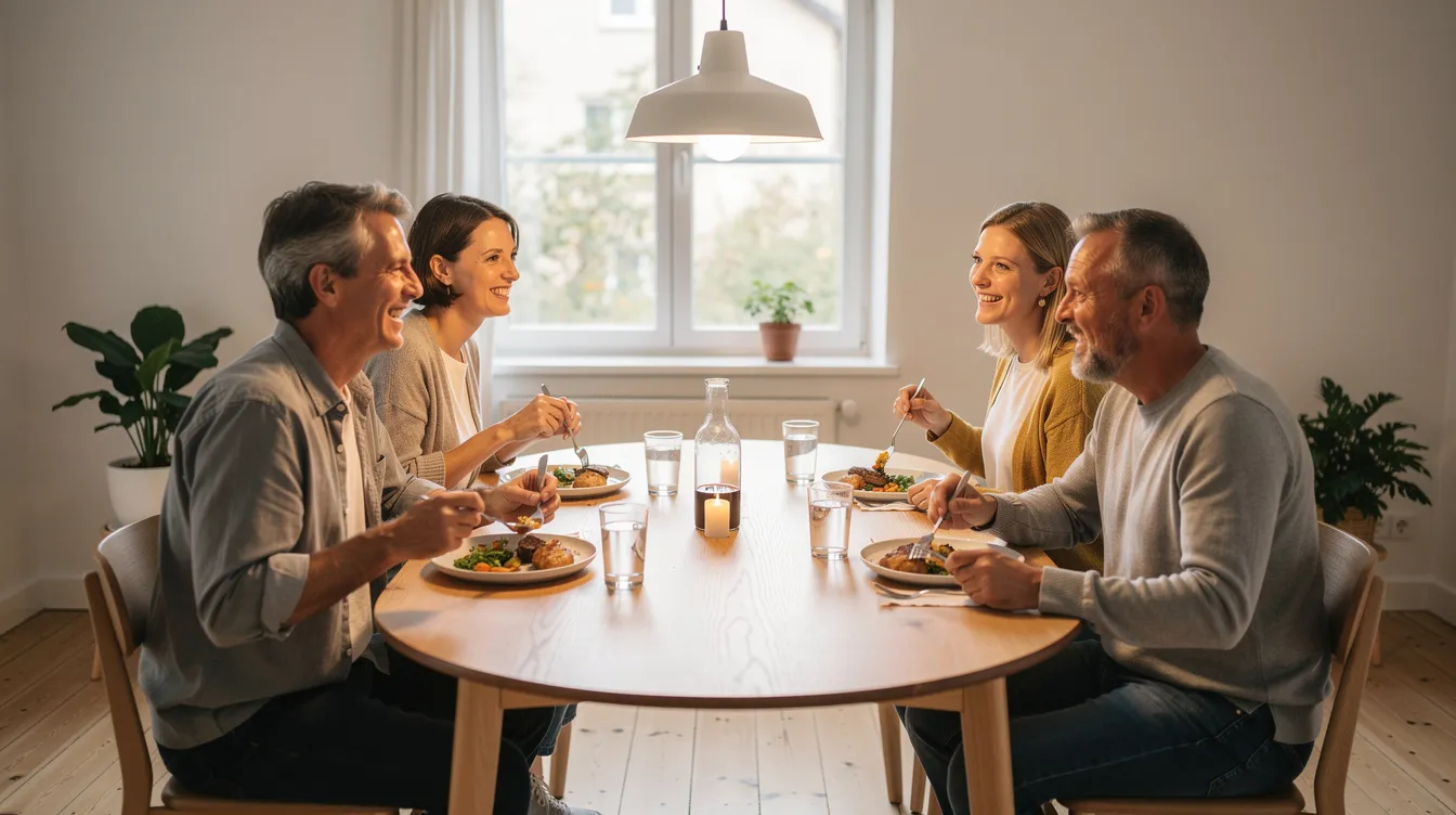 Ett runt matbord i ljust trä är dukat för middag och omges av fyra personer som njuter av en gemensam måltid. Bordet, tillverkat av massivt trä, skapar en inbjudande atmosfär och ger en varm känsla i rummet.