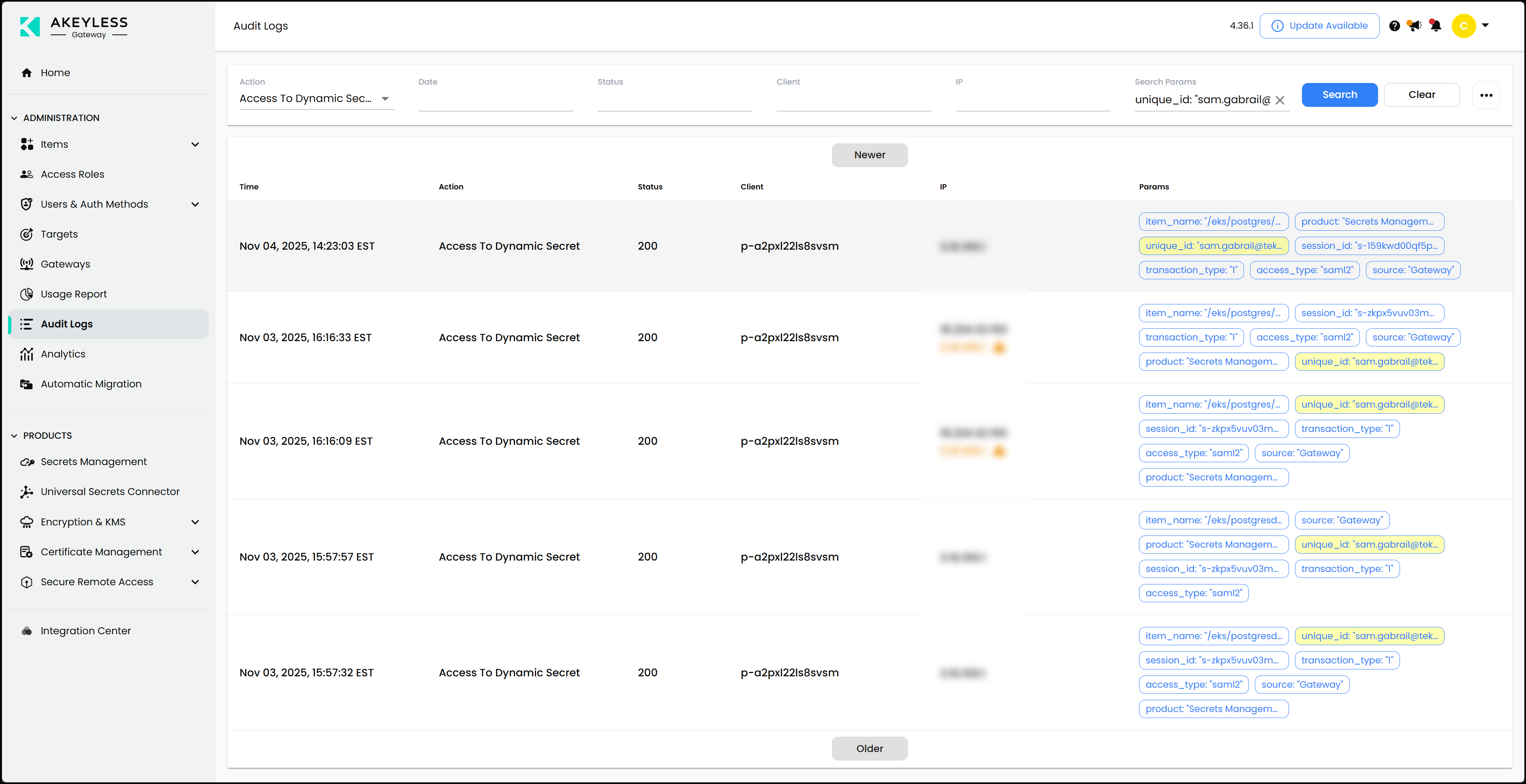 A unified audit log in Akeyless