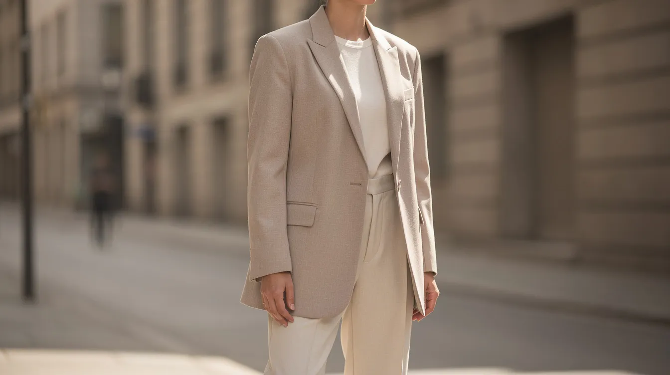 A person is wearing a perfectly tailored oversized blazer paired with straight-leg trousers in neutral tones, showcasing a relaxed yet put-together personal style. The outfit features clean lines and soft fabrics, embodying a classic aesthetic suitable for casual outings.