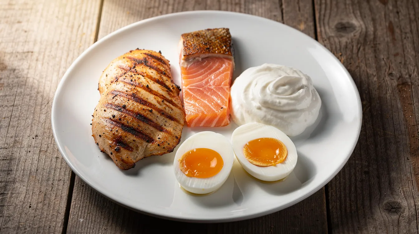 The image features a vibrant plate filled with grilled chicken breast, eggs, a salmon fillet, and Greek yogurt, all beautifully arranged on a rustic wooden table. This protein-rich meal is ideal for those focusing on muscle preservation and managing body composition during their weight loss journey.