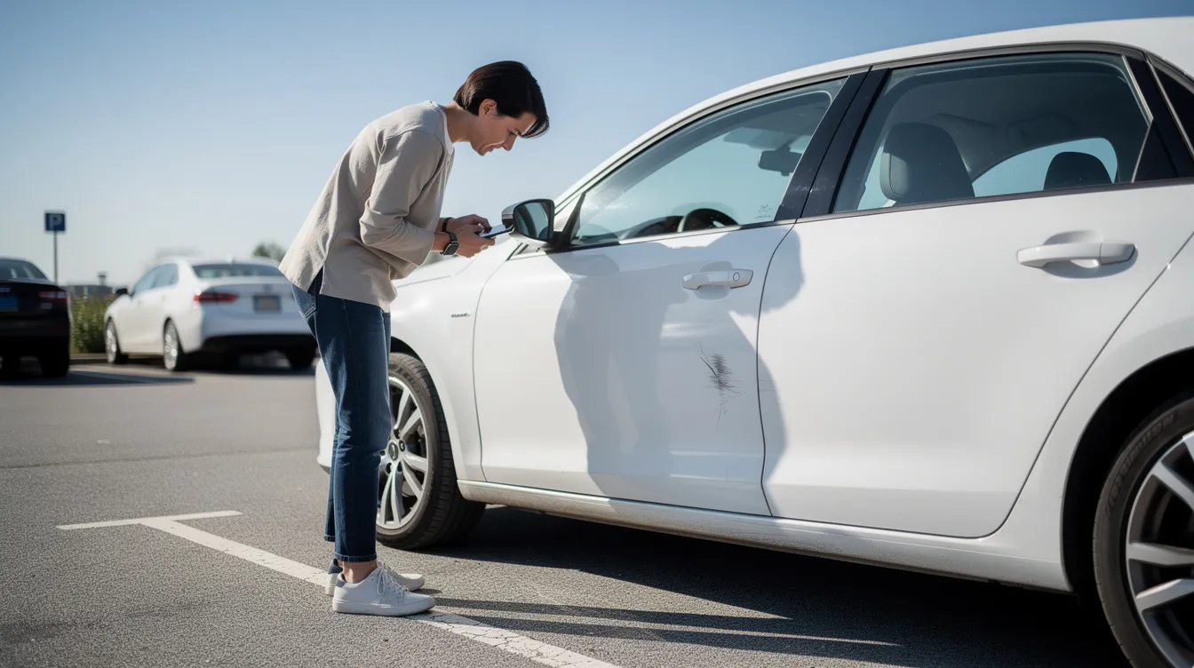 A person is inspecting the side of a white rental car in a sunny parking lot, holding a smartphone as they prepare for their upcoming road trip. The scene captures the convenience of car rental options available for travelers looking to explore the local culture.