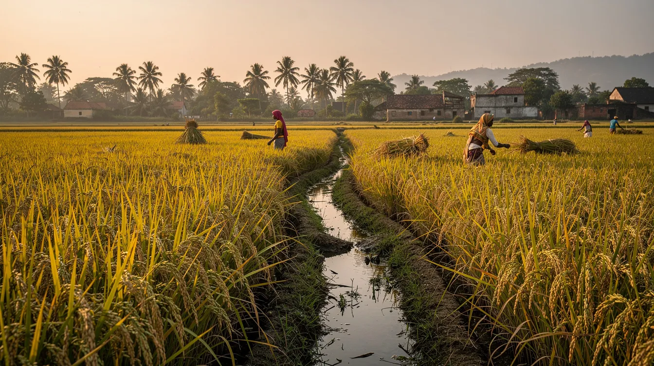 A golden paddy field in rural India showcases mature rice plants ready for harvest, indicating the peak of the growing season. This vibrant landscape highlights the importance of rice milling, as local rice prices and market demand influence the rice mill business in the region.