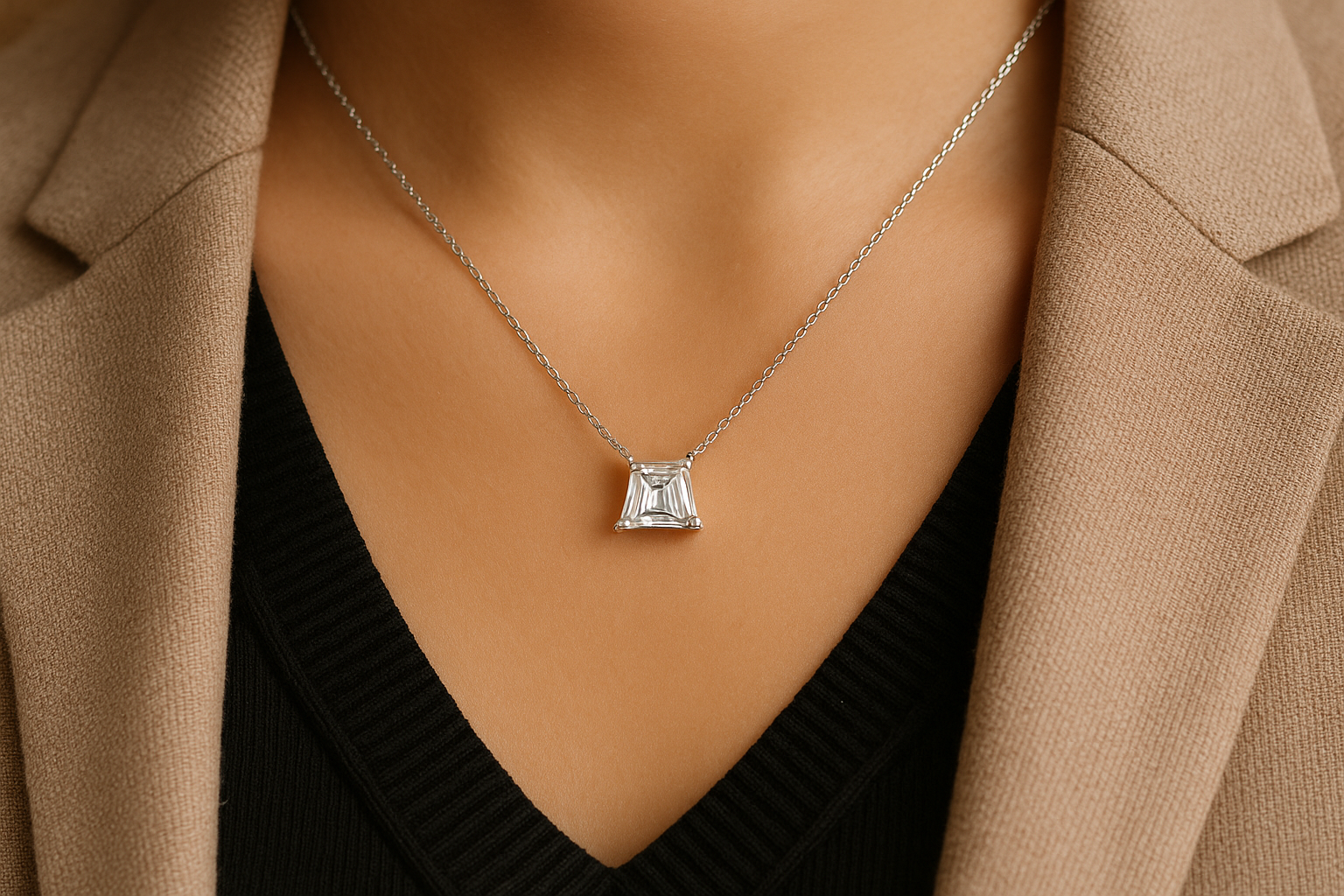 Balto aukso pakabukas su trapecijos formos deimantu ant stilingos merginos kaklo