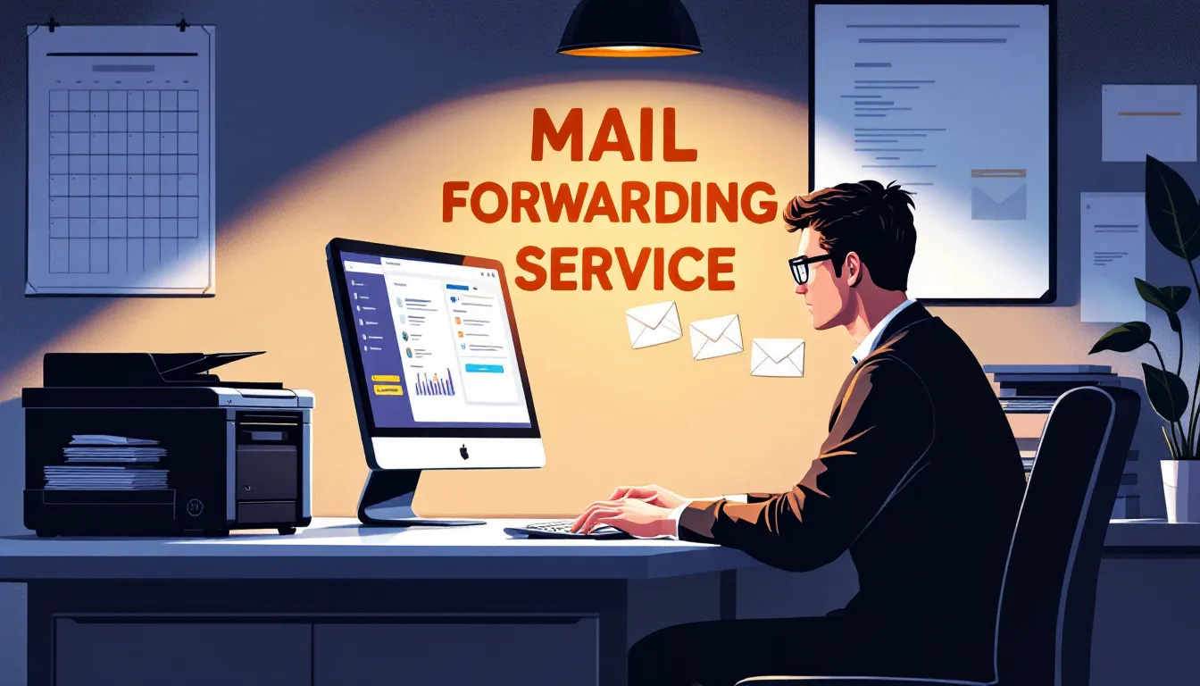 The image depicts a mail forwarding service setup, showcasing a shipping address and various packages ready for international shipping. It highlights the convenience of using a tax-free US address for customers looking to save on shipping costs when shopping from US stores.