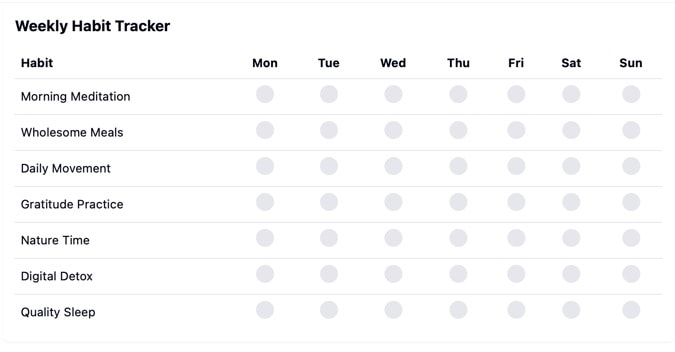 Holistic Habits weekyl tracker