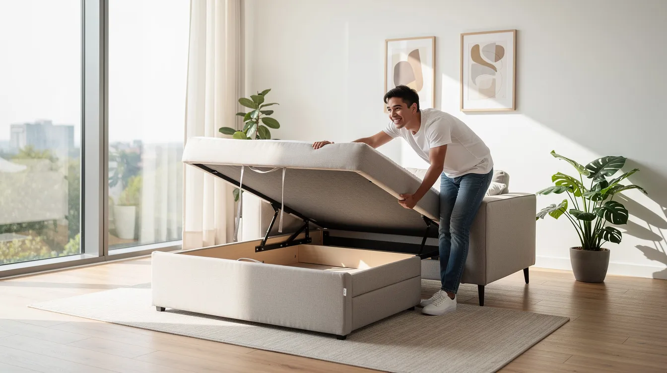A person is effortlessly converting a modern sofa bed into a comfortable sleeping space in a bright apartment, showcasing the multifunctional furniture's stylish design and practicality for overnight guests. The scene highlights the plush cushions and durable upholstery, perfect for maximizing comfort in a contemporary living area.