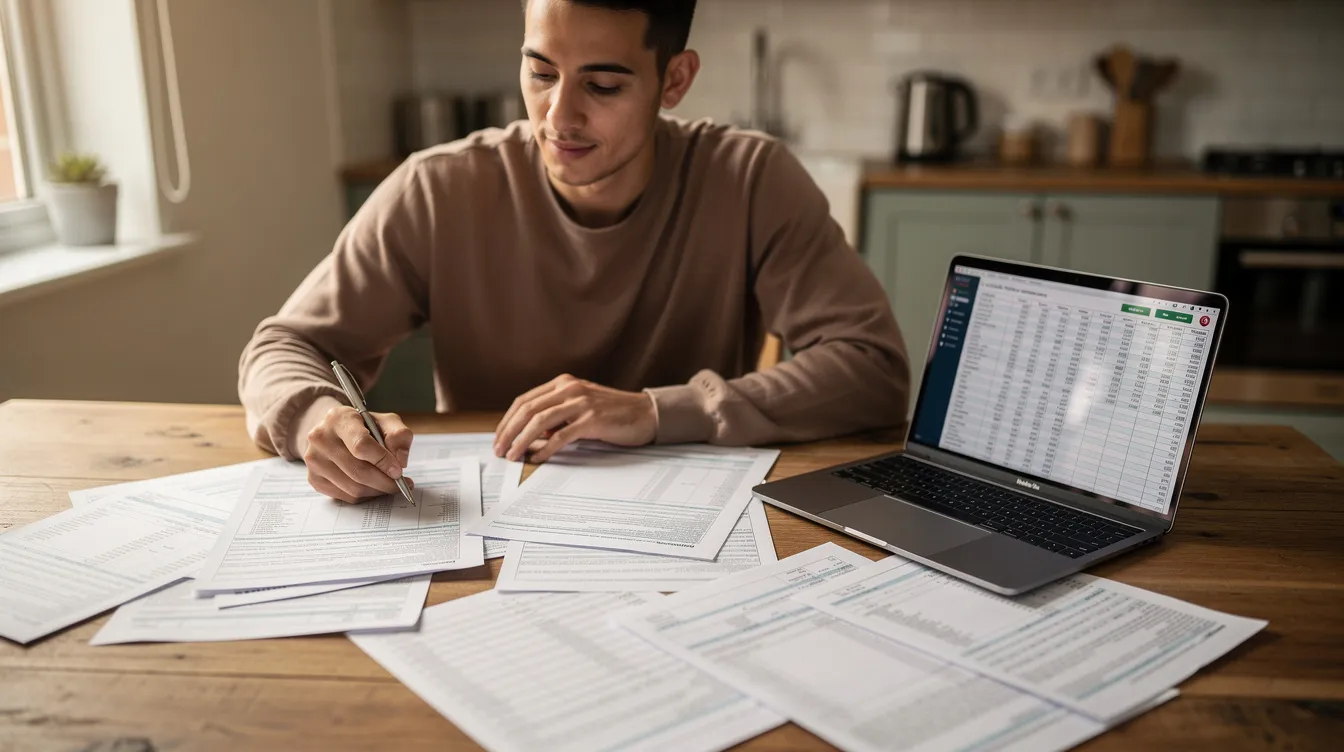 A person is sitting at a kitchen table, reviewing financial papers and working on a laptop, surrounded by various documents that represent a data set of expenses and income. This scene captures a typical moment in their average day as they calculate their finances, possibly estimating their average salary or comparing costs.