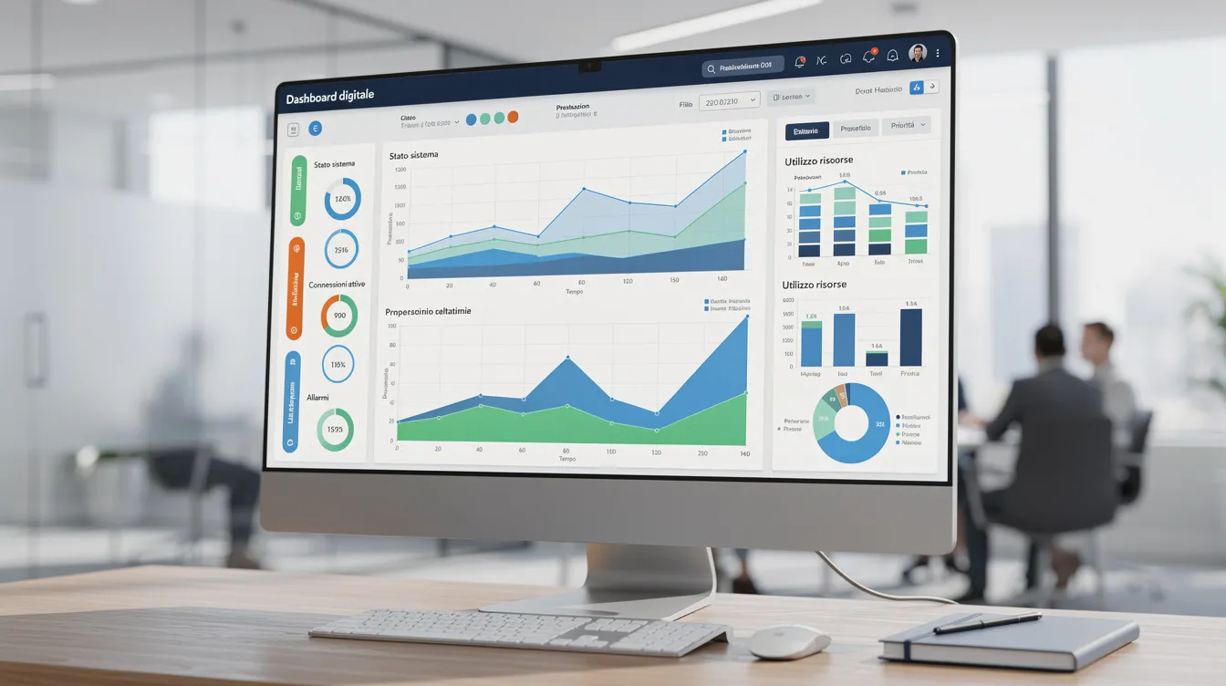Immagine di una dashboard digitale che mostra indicatori di stato e grafici in un ambiente professionale, utilizzata per monitorare i controlli antimafia nei fornitori e negli appalti pubblici. La dashboard evidenzia dati relativi alla documentazione antimafia e ai rischi di infiltrazione mafiosa, fondamentale per la pubblica amministrazione e la stazione appaltante.