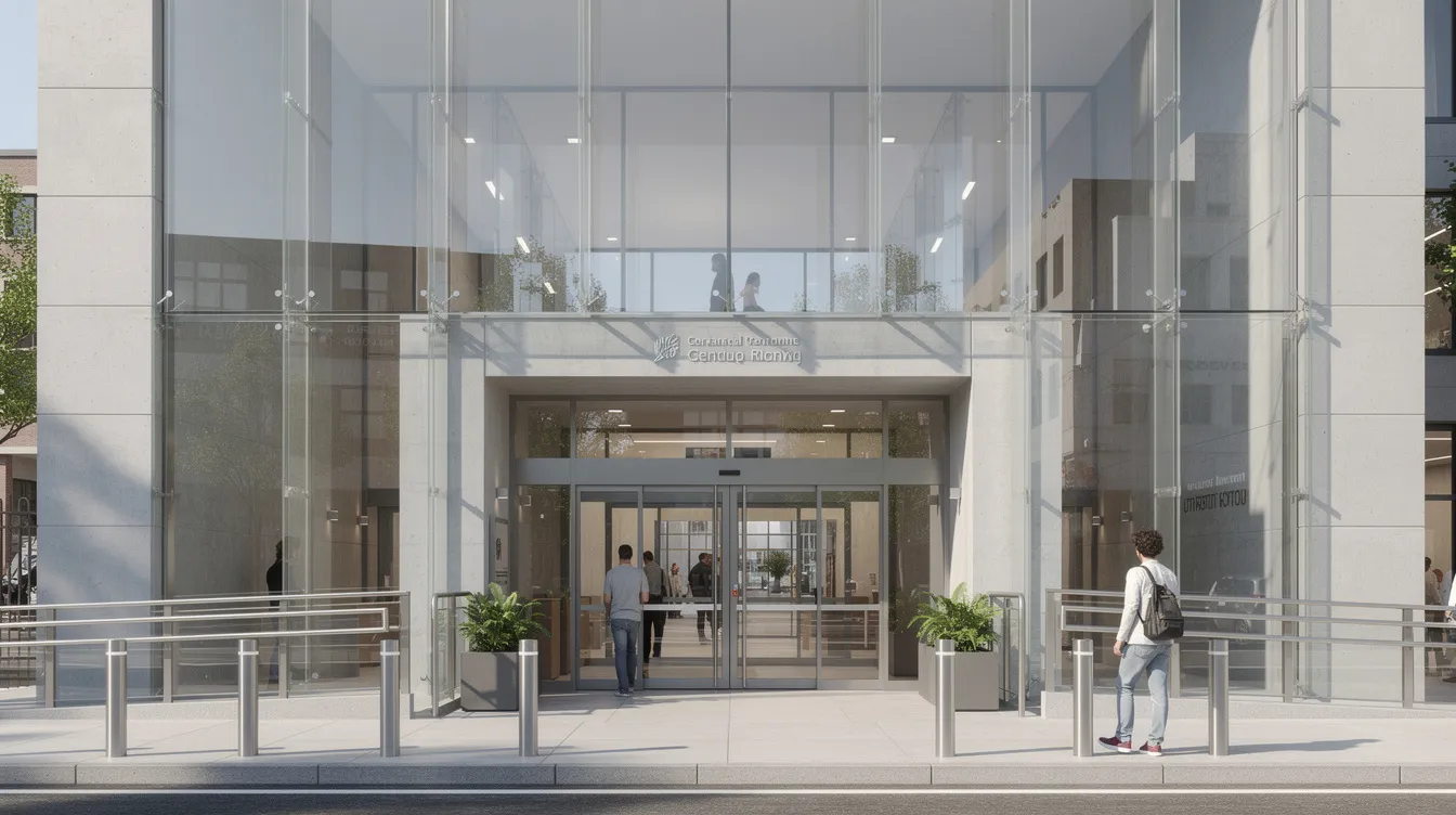A modern public building entrance featuring large, clear protective glass panels designed for forced entry protection.