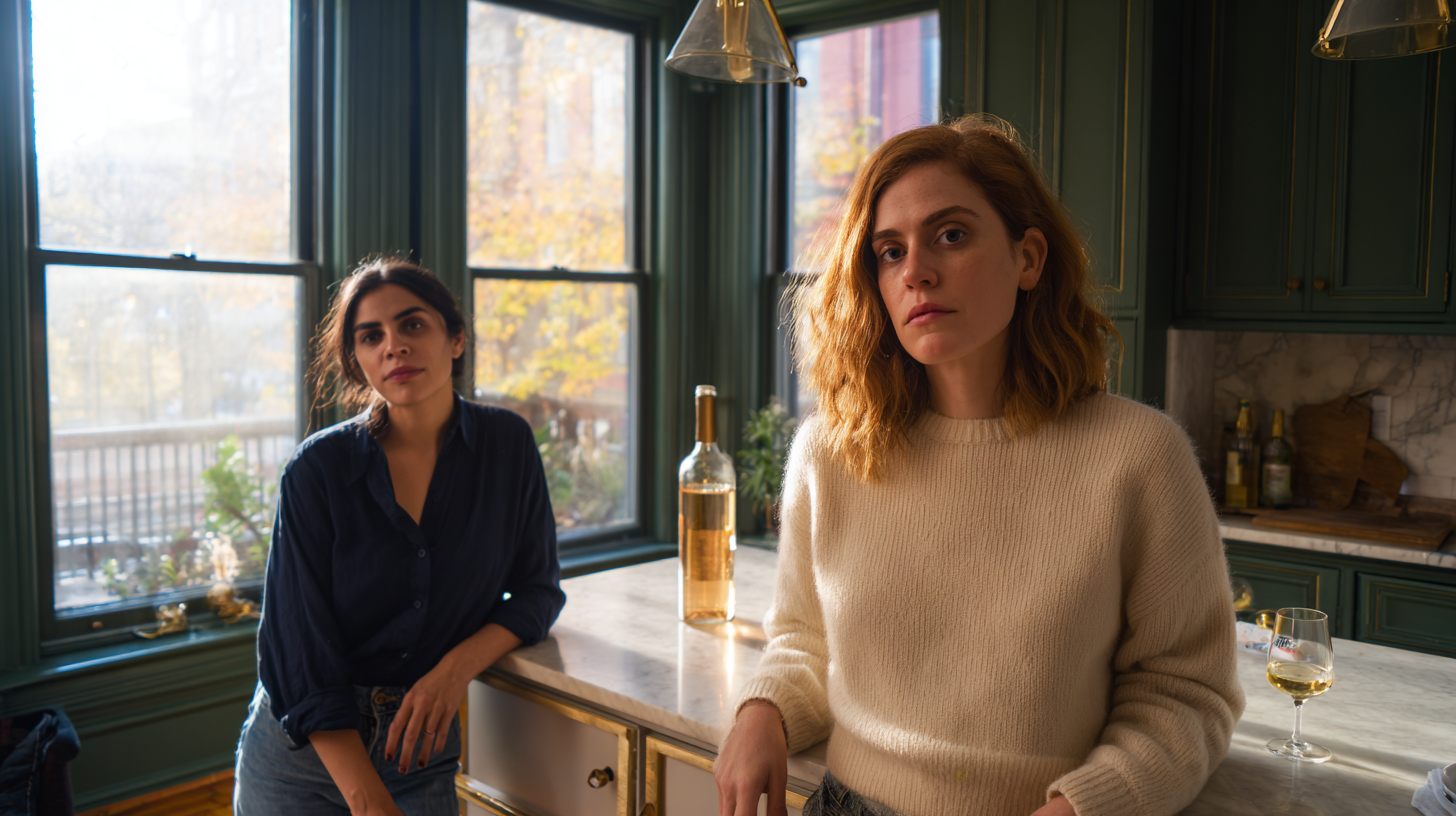 Lesbian couple in their late 20s in a Cobble Hill kitchen at golden hour, the architectural distance between them mirroring the pursue-withdraw cycle that EFT was built to interrupt.t.