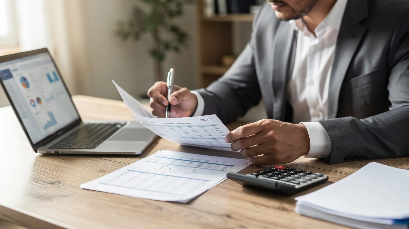 ac76fce9 3c78 49ab b2bd b0cfee89cc9c A professional is seated at a wooden desk, focused on reviewing financial documents alongside a calculator and a laptop, which may contain important information related to a mudra loan project report. The scene suggests a detailed examination of financial projections and project costs essential for small business funding.