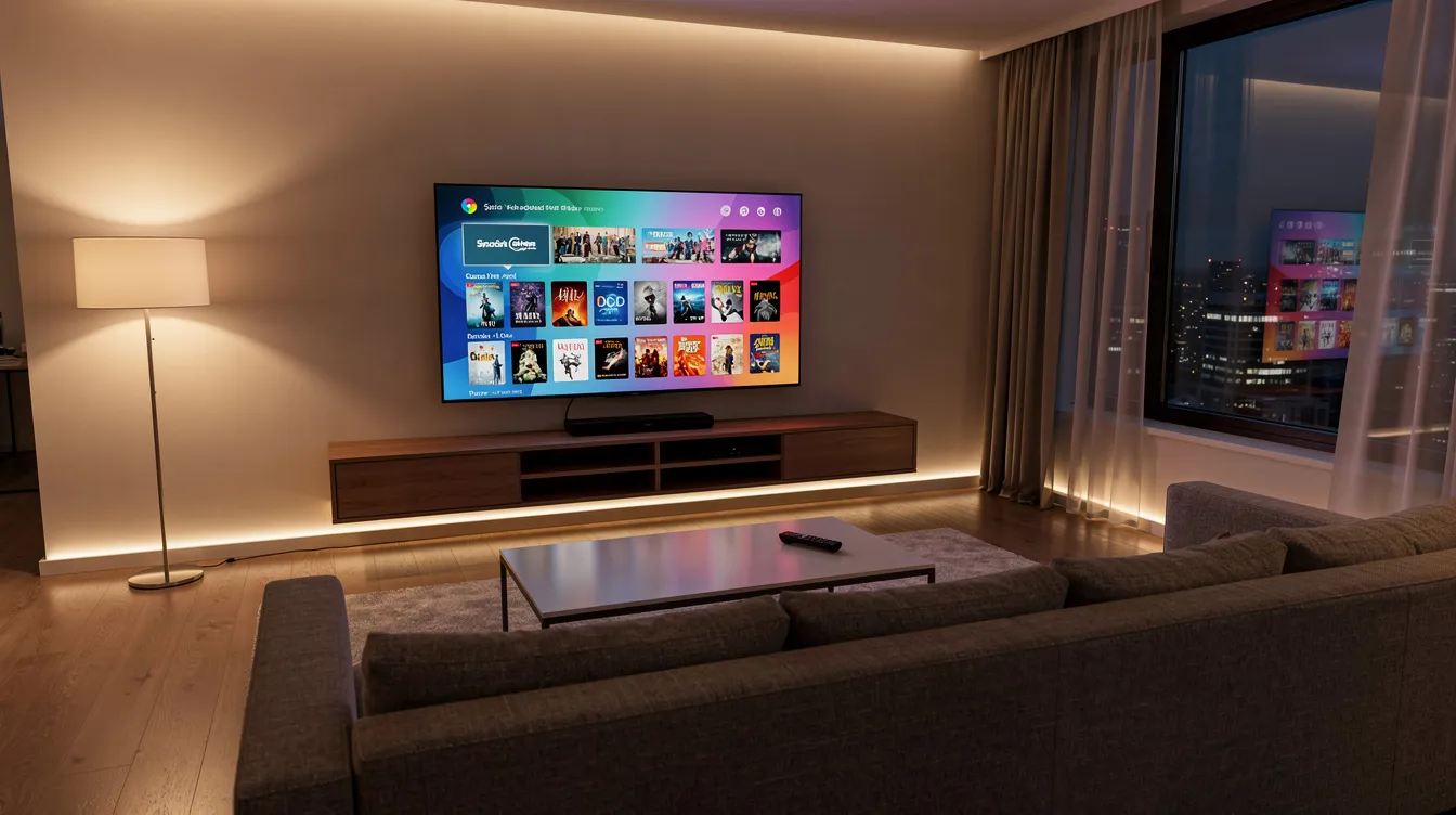 A modern living room features a large flatscreen TV showcasing a vibrant streaming interface, with a remote control placed on a coffee table. The ambient evening lighting creates a cozy atmosphere, perfect for enjoying live TV channels and movies through a reliable IPTV service.