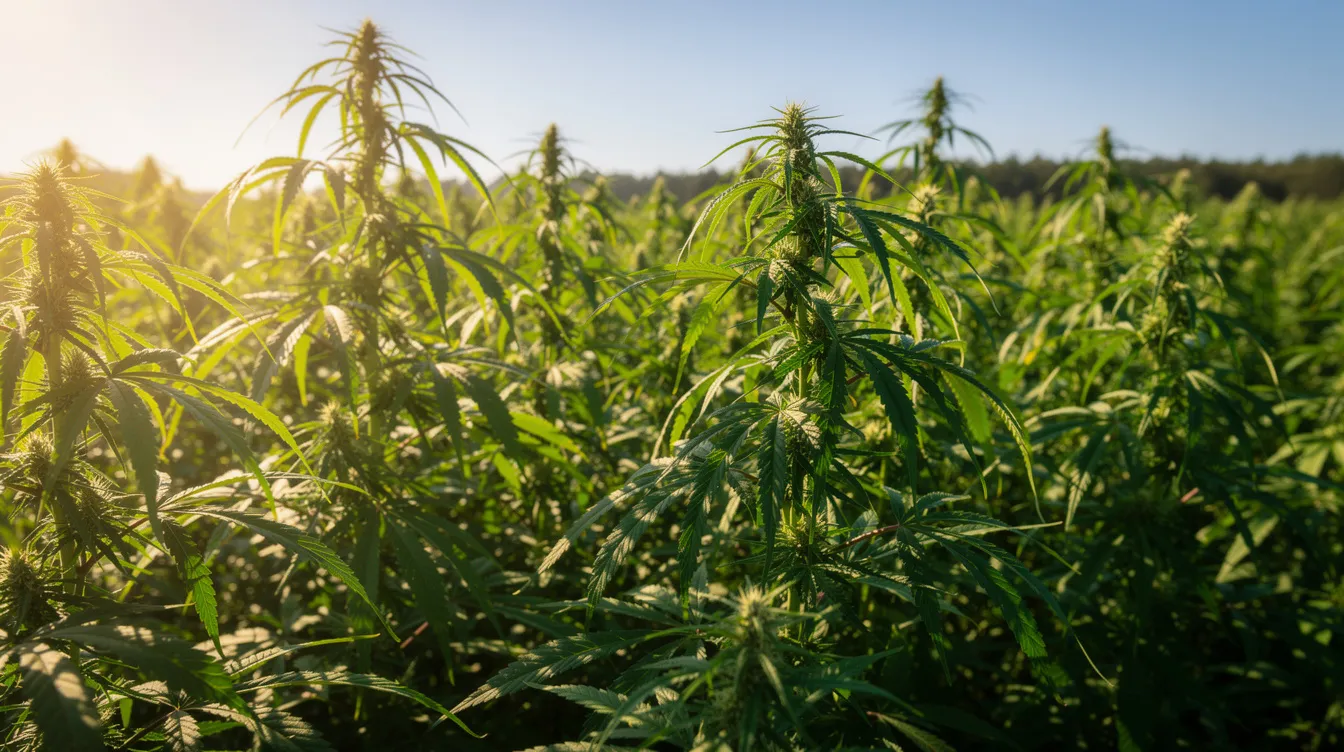 The image depicts mature hemp plants thriving in a sunlit field, showcasing their vibrant green leaves. These hemp plants, part of the cannabis family, are often associated with various hemp products, including those containing delta 8 THC, which are subject to evolving federal law and state regulations.