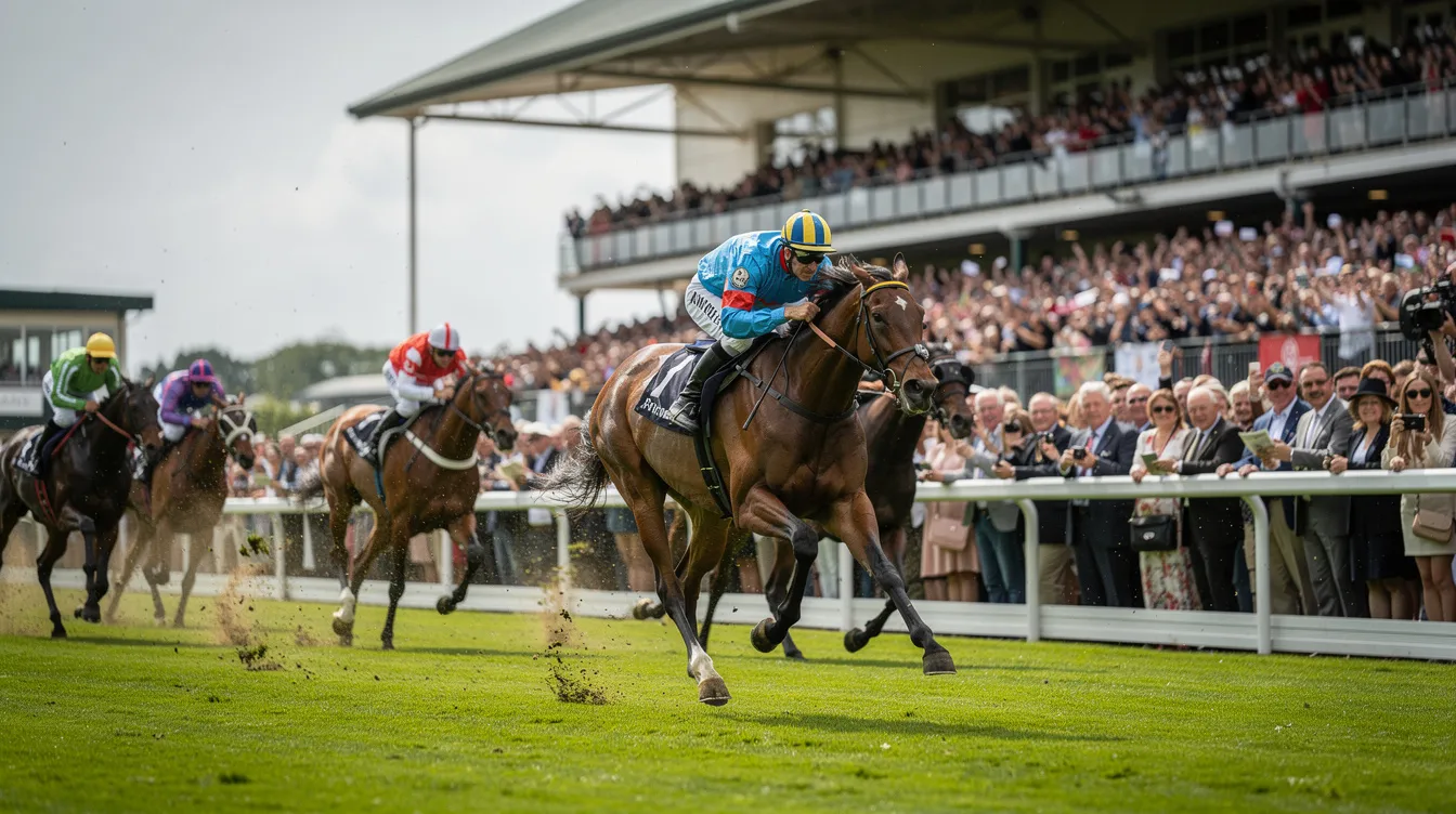 A lively scene at a British racecourse shows horses racing on a lush turf track, with enthusiastic crowds cheering from the stands. This vibrant atmosphere captures the excitement of horse racing, a popular event among racing punters and fans, where they can engage in horse racing betting and enjoy competitive odds from various betting sites.