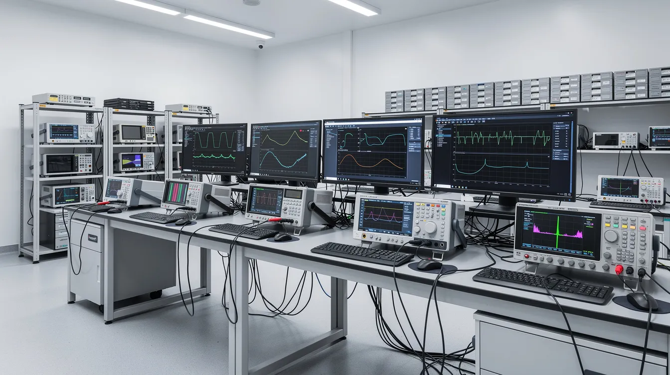 Das Bild zeigt eine moderne Laborausstattung mit mehreren Computern und präzisen Messgeräten, die für Forschungsarbeiten an Hochschulen und Universitäten, wie der Humboldt-Universität zu Berlin, genutzt werden. Diese technische Ausrüstung unterstützt Studierende und Experten bei ihren Projekten und der Erstellung von wissenschaftlichen Texten.