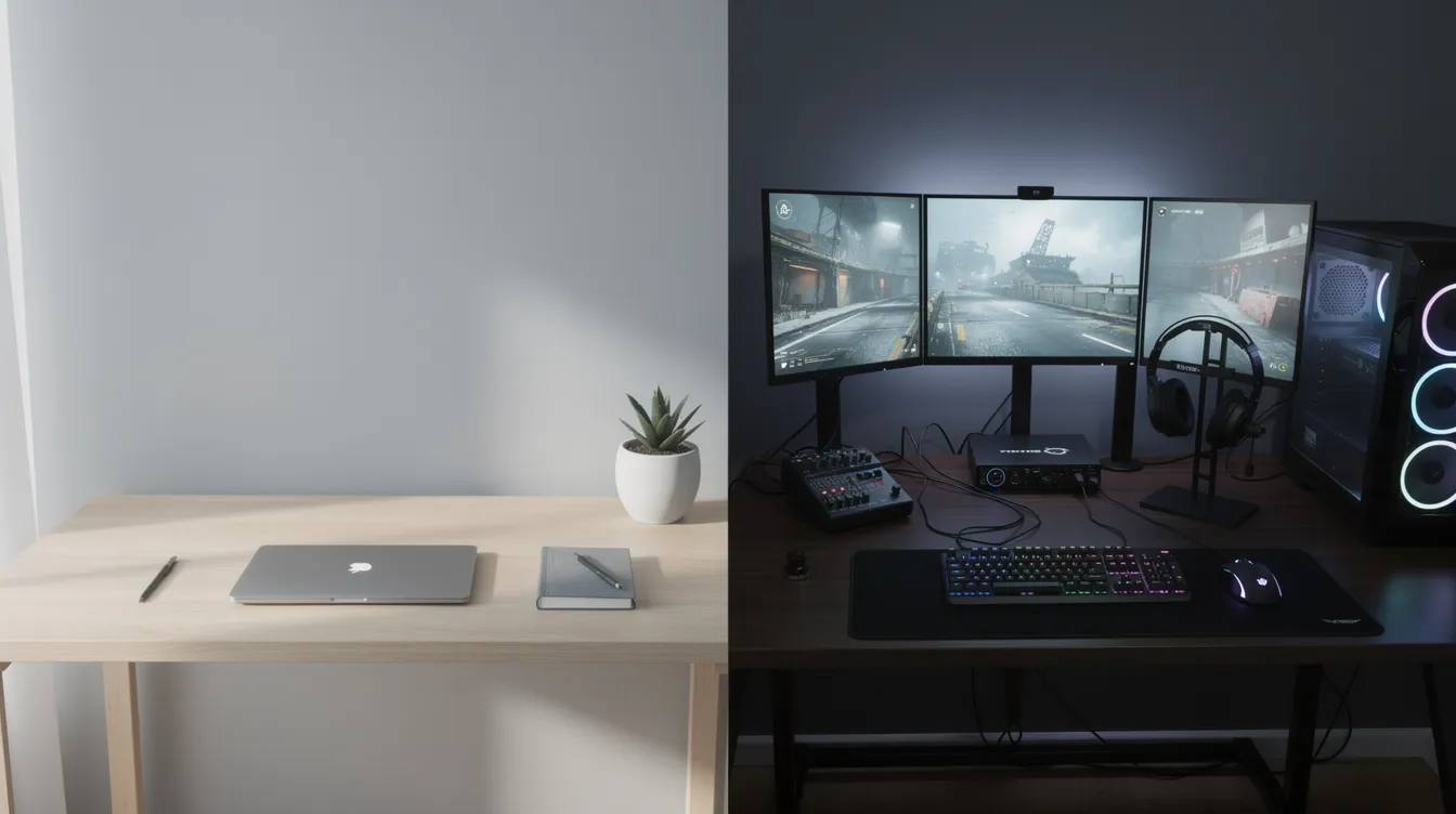 Two desk setups side by side: a minimal laptop workspace and a multi-monitor setup, contrasting browser-based and local development environments.