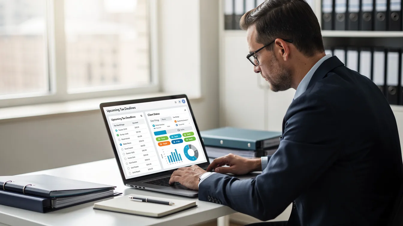 An accountant is focused on a laptop displaying a digital dashboard that highlights tax deadlines and client statuses, essential for managing self-assessment tax returns and ensuring compliance with income tax regulations. The interface provides a real-time view of various income sources and expenses, aiding small businesses in their tax calculations and record keeping.