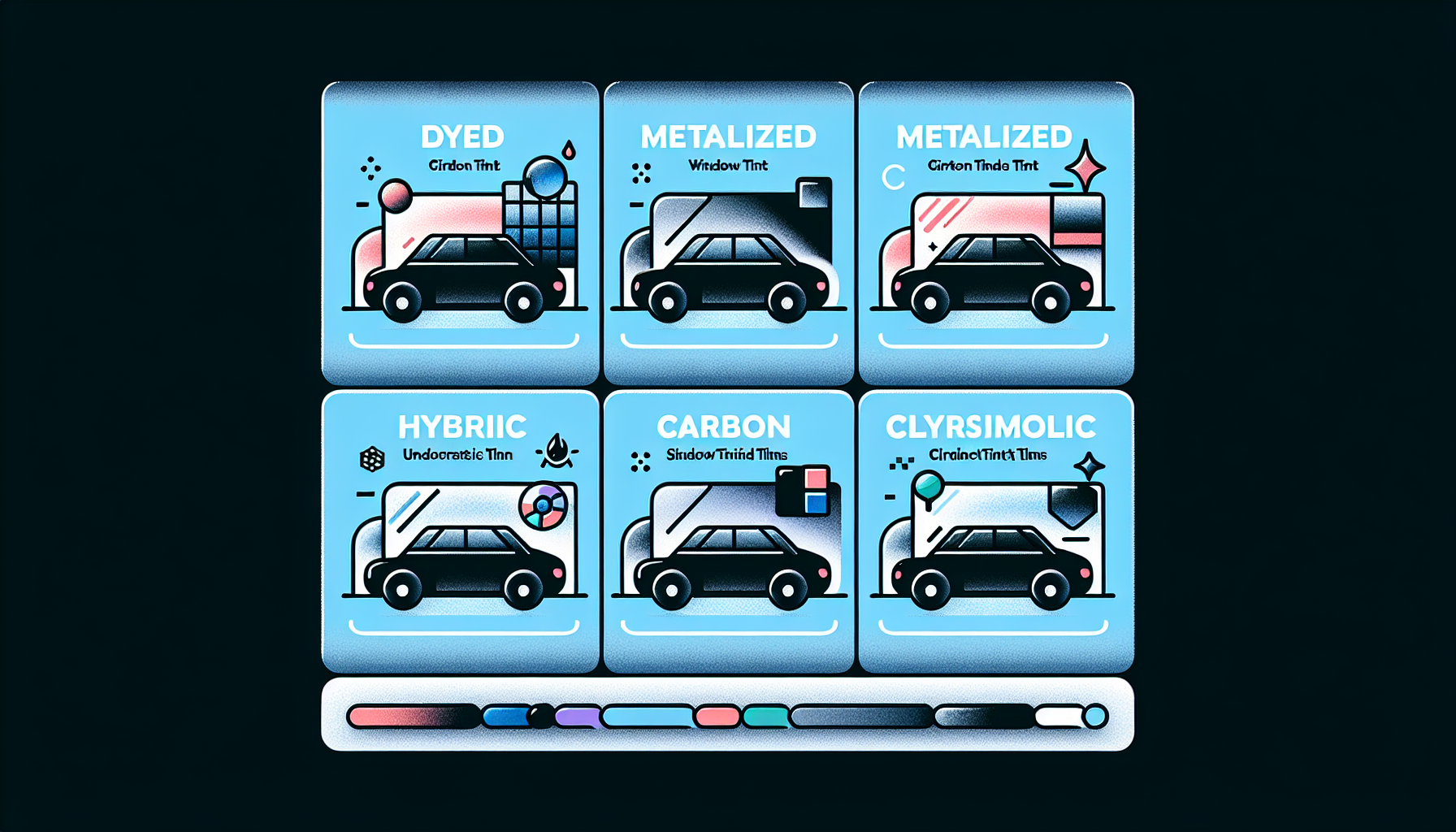 Different types of window tint films displayed in a comparison chart