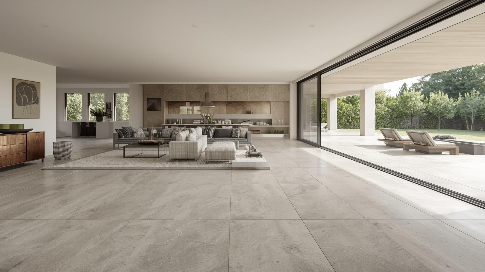 A spacious, open-plan indoor-outdoor living area bathed in abundant natural light.