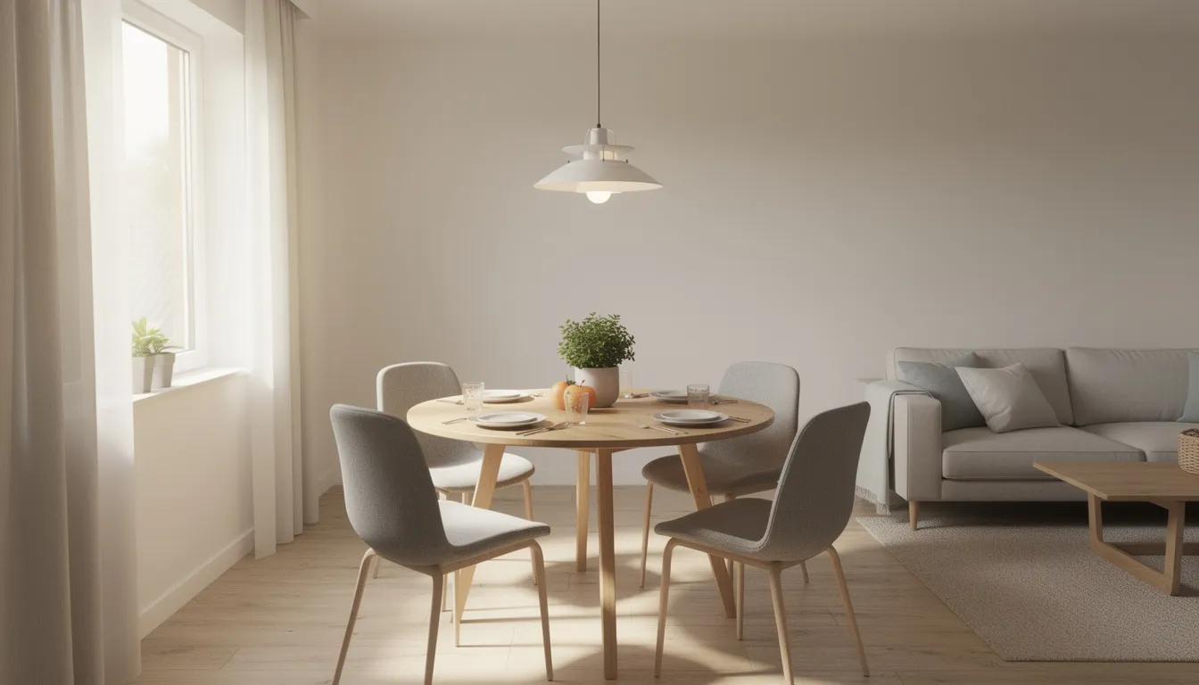 Een gezellige eethoek met een ronde houten tafel voor vier personen, perfect voor intieme diners in een lichte, compacte woonkamer. De ranke poten van de tafel en de lichte kleuren creëren een ruimtelijk effect, waardoor de kleine ruimte lichter aanvoelt.