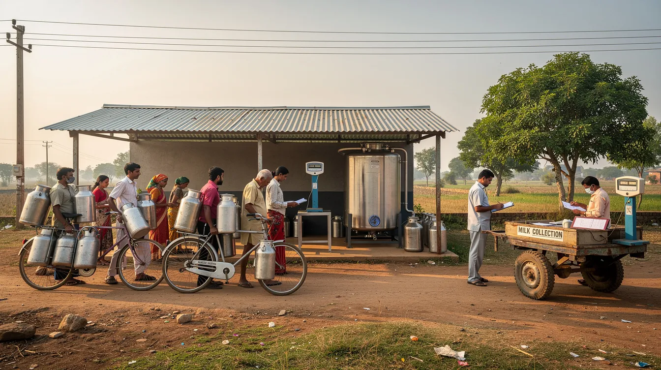 ac830e80 edee 47f8 9e55 26b1ed8ad11a The image depicts a rural milk collection center where farmers are arriving with metal containers filled with raw milk, contributing to the milk procurement process in the dairy industry. This scene highlights the essential role of farmers in the Indian dairy sector, showcasing the importance of quality control and modern technology in milk processing.