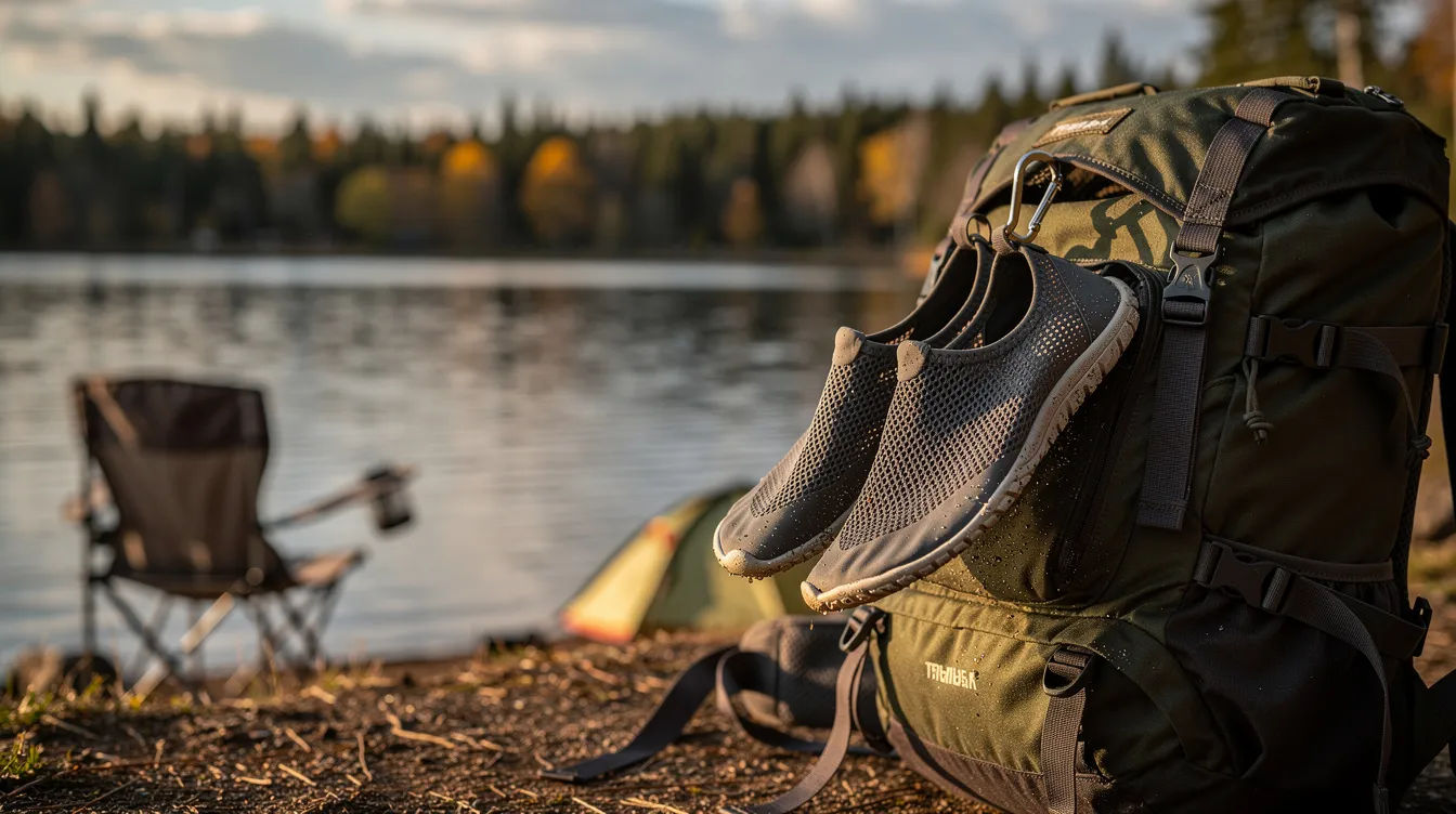 A pair of lightweight barefoot water shoes is hanging from a carabiner on a backpack, gently drying in the breeze at a lakeside campsite, ready for water adventures. The shoes feature a thin sole designed for good grip and comfort, making them perfect for summer activities like swimming and hiking.